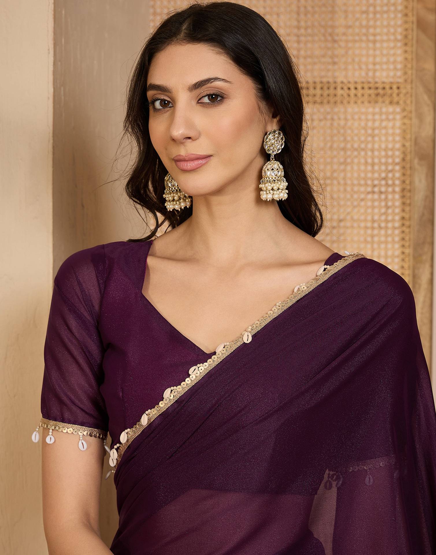 Wine Shimmer Lace Saree - Image 2