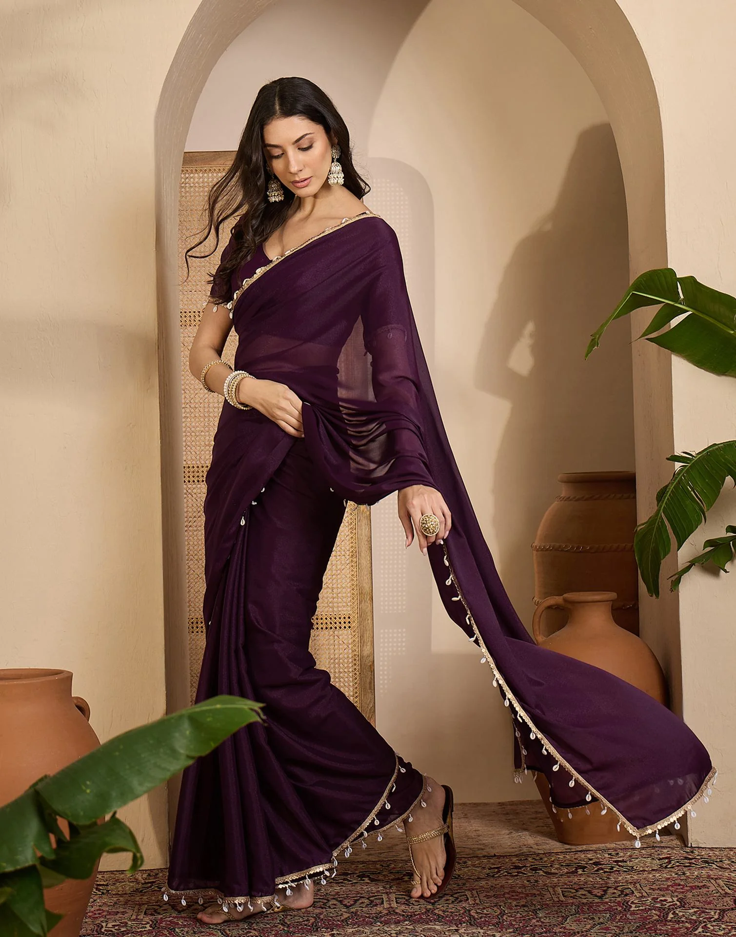 Wine Shimmer Lace Saree - Image 6