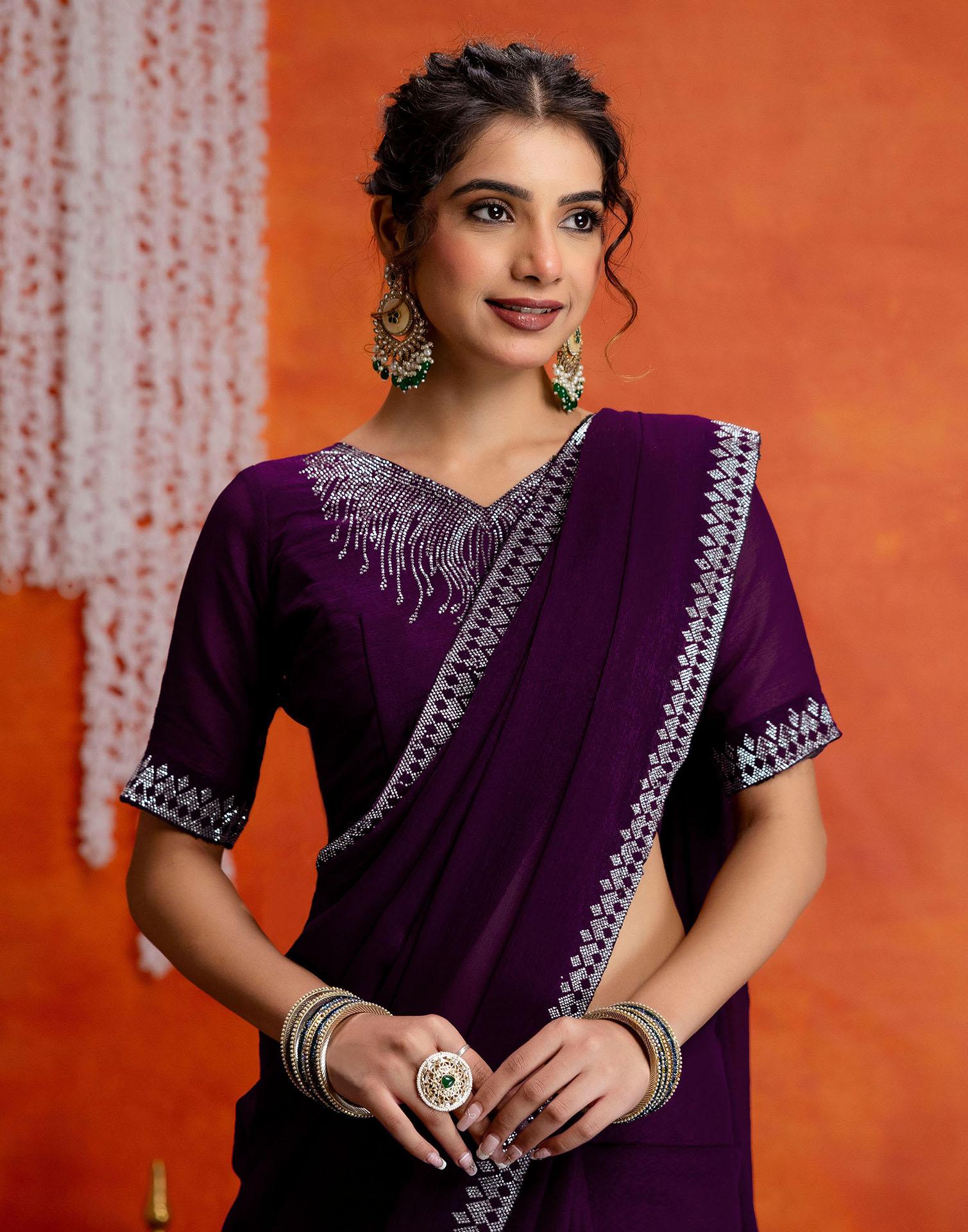 Wine Shimmer Stone Work Swarovski Saree - Image 4