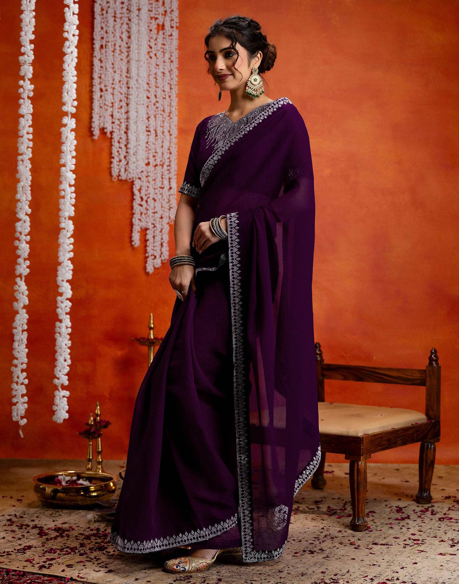 Wine Shimmer Stone Work Swarovski Saree - Image 5