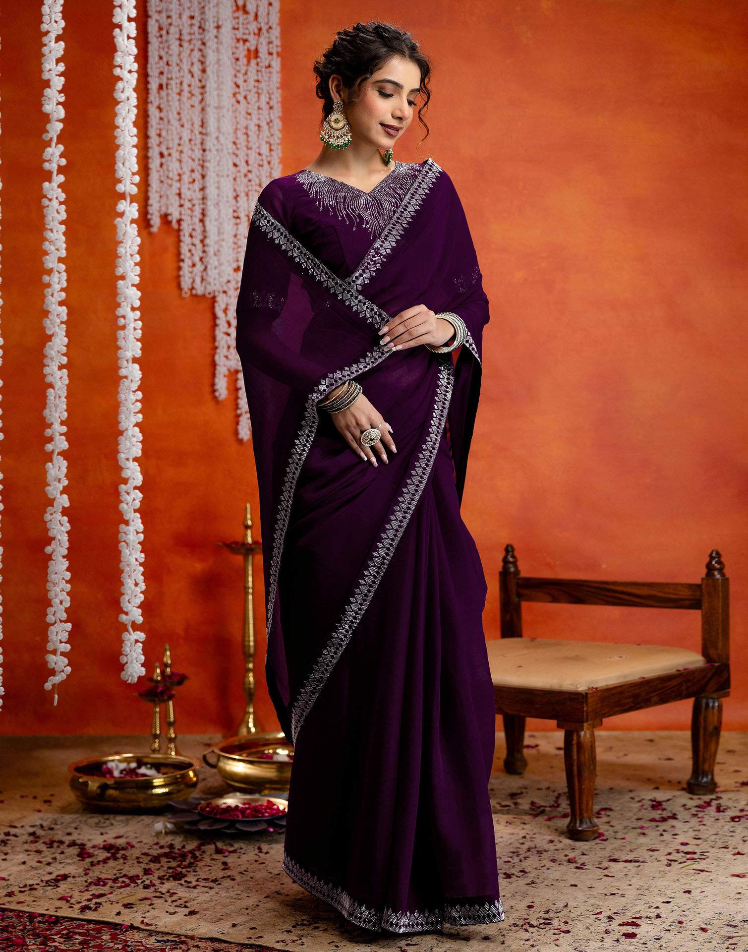 Wine Shimmer Stone Work Swarovski Saree - Image 6
