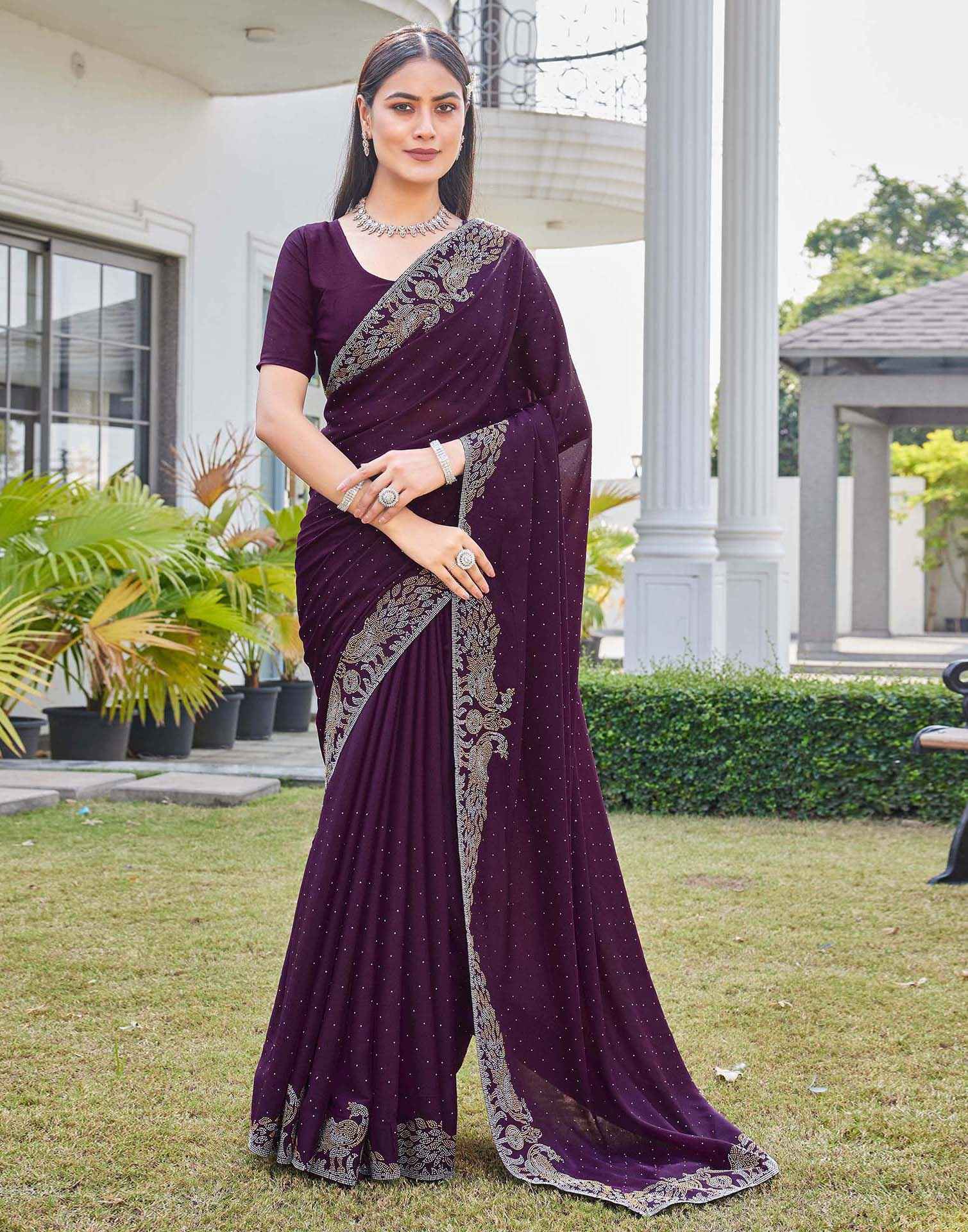 Wine Shimmer Stone Work Swarovski Saree - Image 2