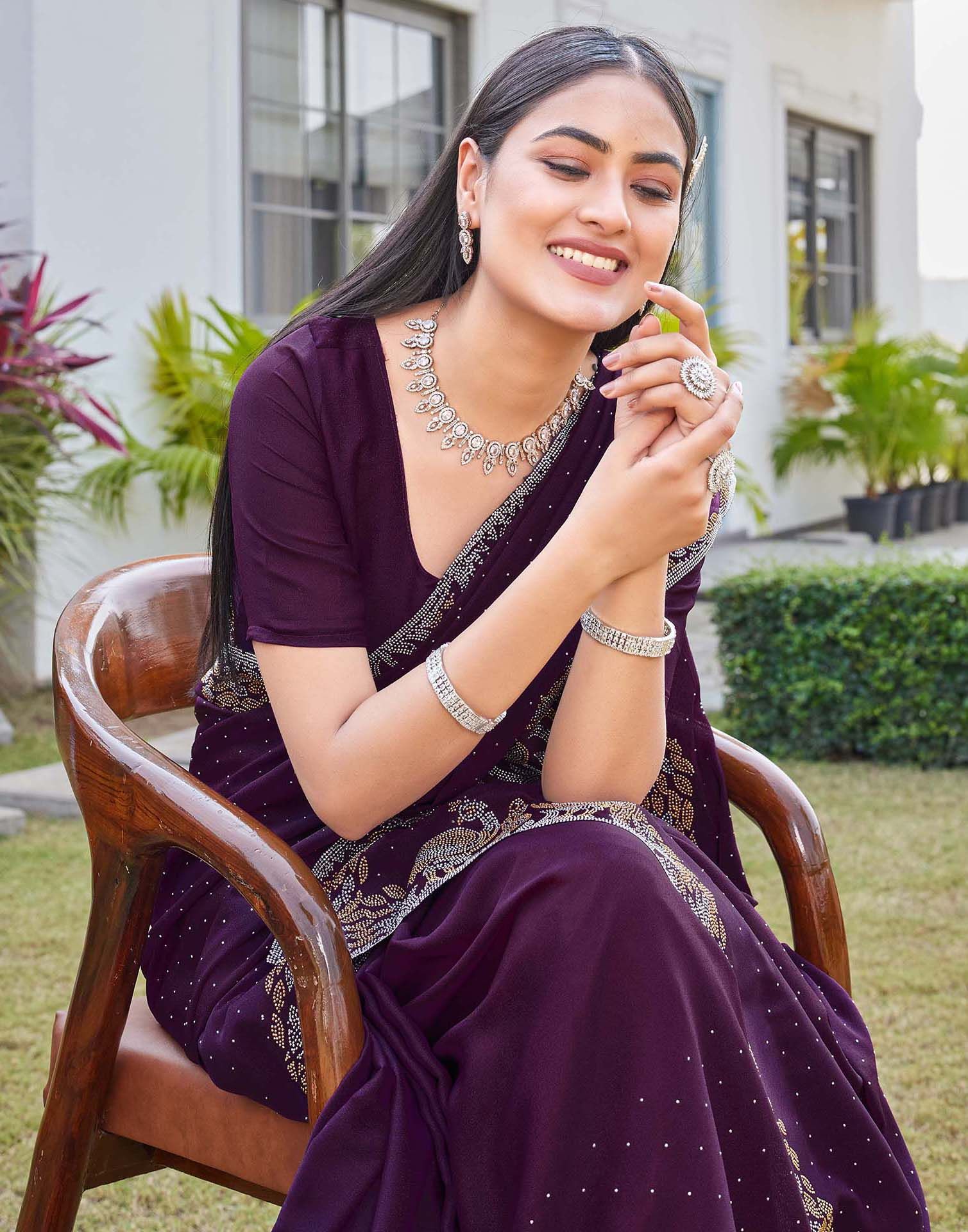 Wine Shimmer Stone Work Swarovski Saree - Image 4