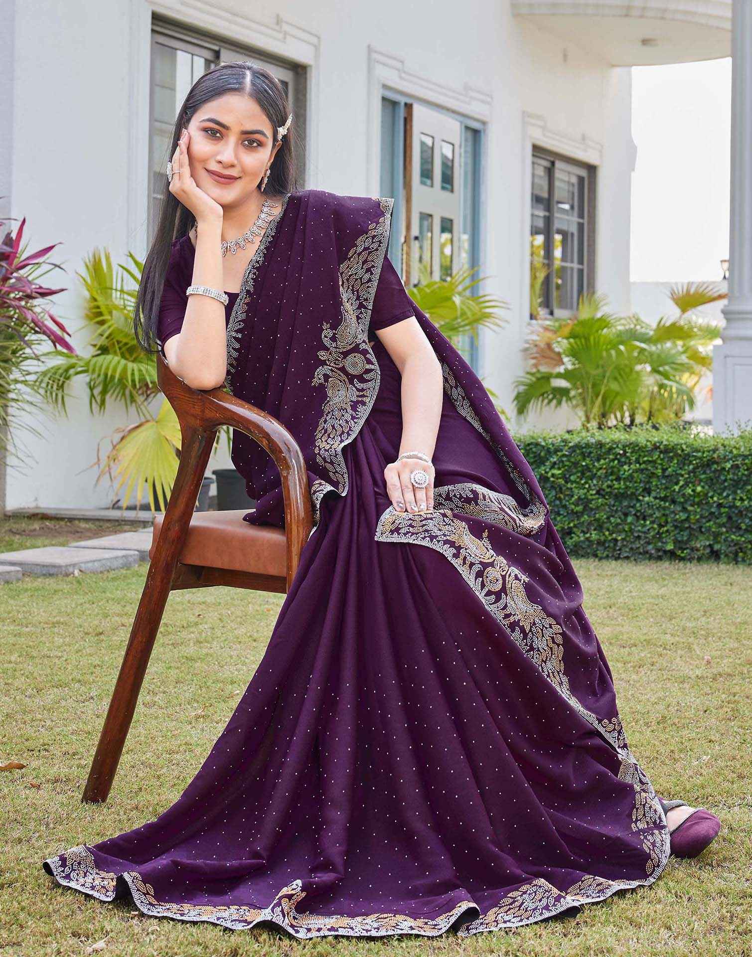 Wine Shimmer Stone Work Swarovski Saree - Image 8
