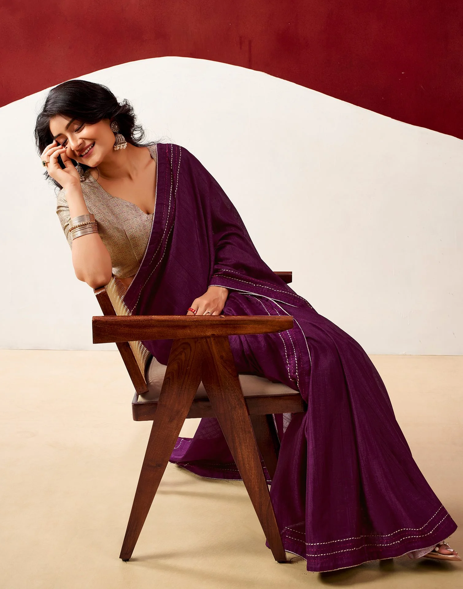 Wine Silk Embroidery Saree - Image 5