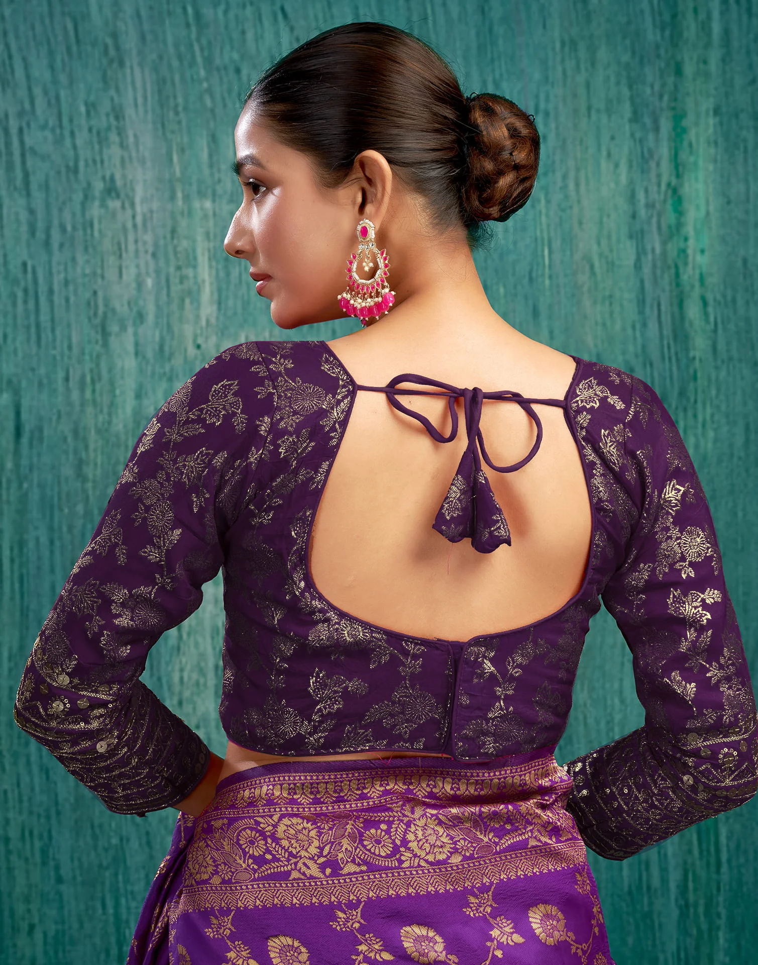 Wine Silk Plain Embroidery Blouse - Image 2