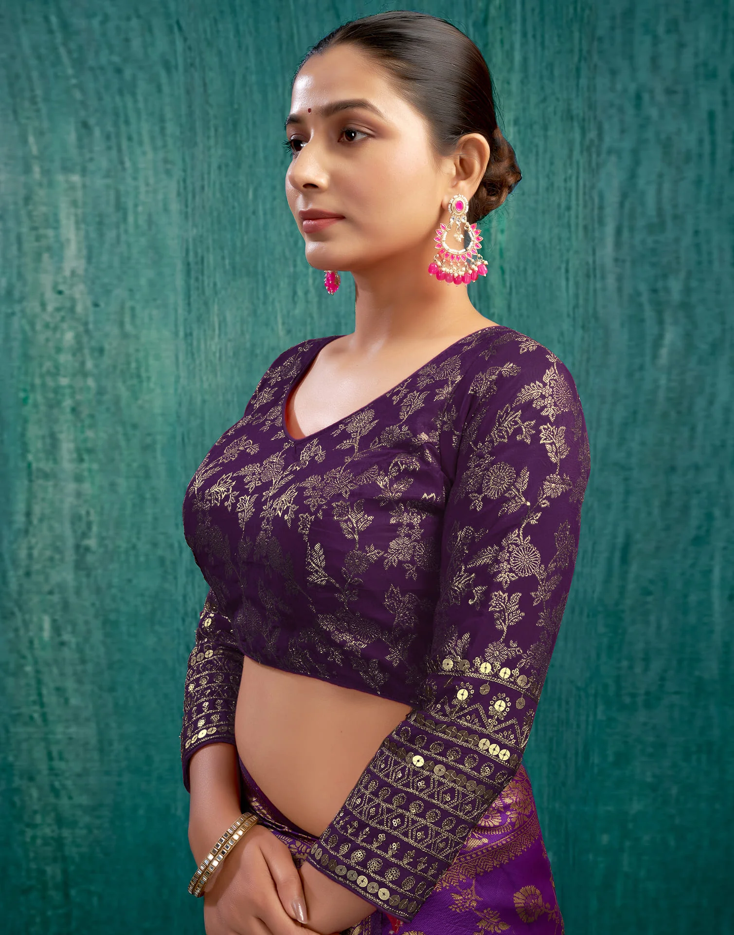 Wine Silk Plain Embroidery Blouse - Image 4