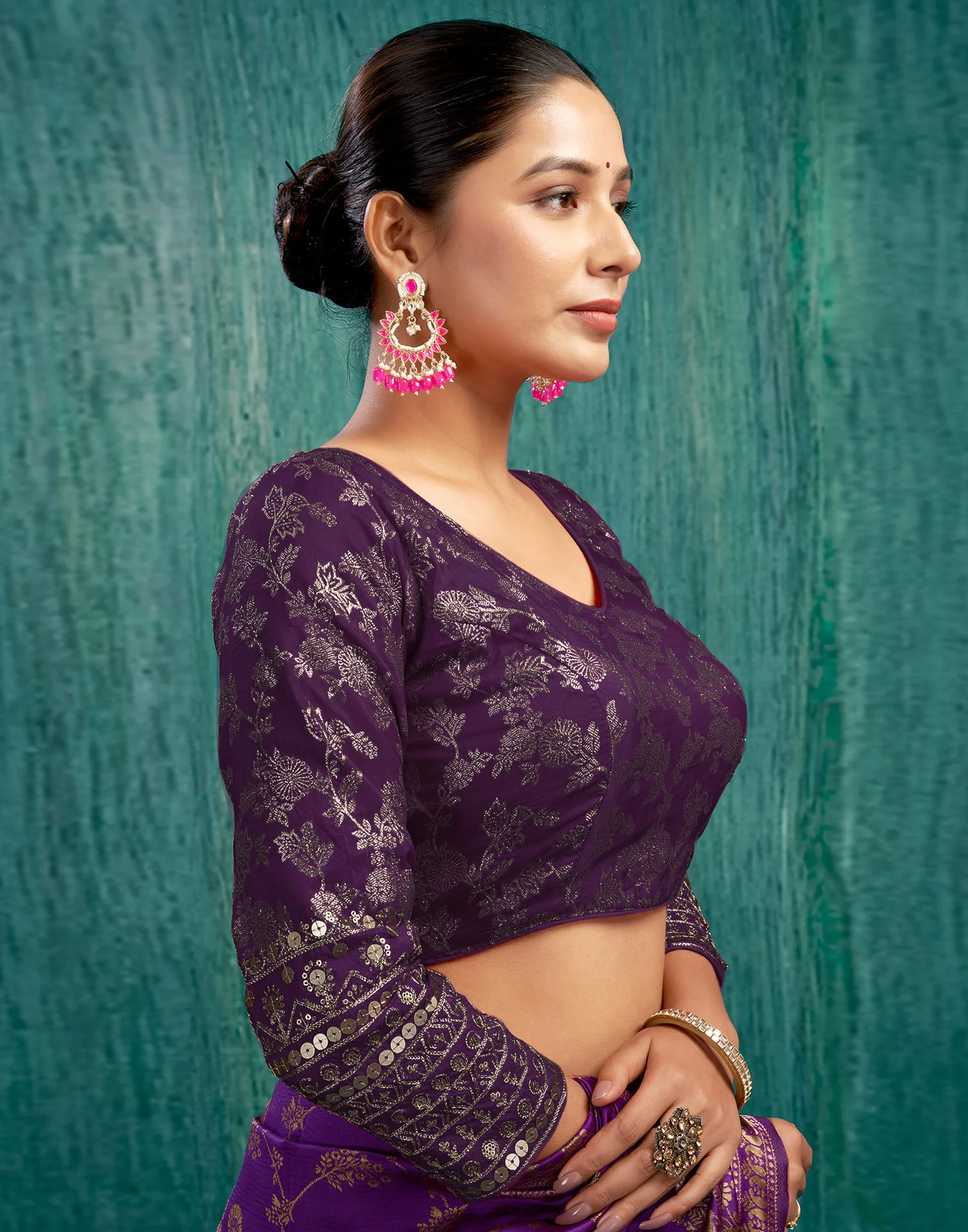 Wine Silk Plain Embroidery Blouse - Image 5