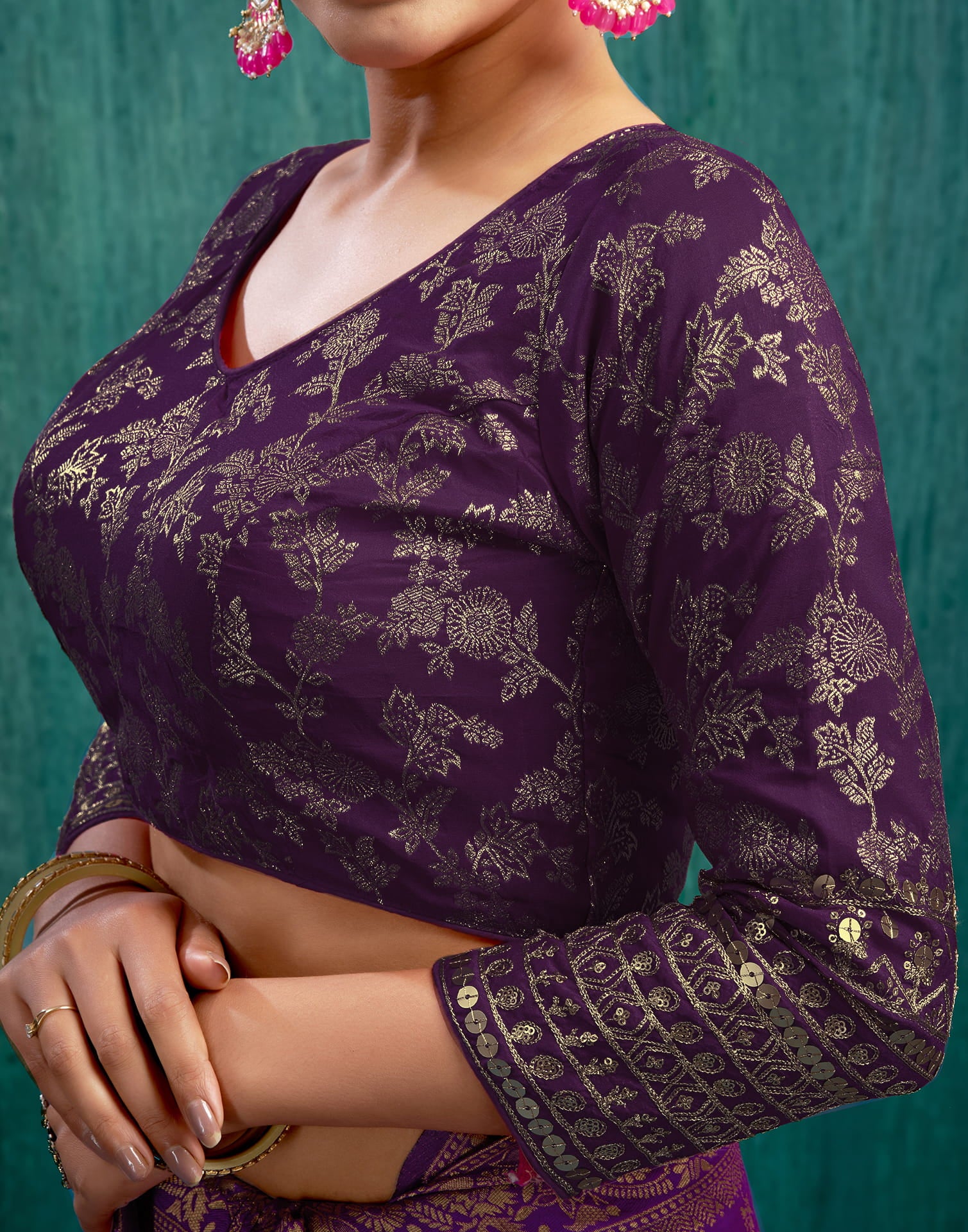 Wine Silk Plain Embroidery Blouse - Image 6