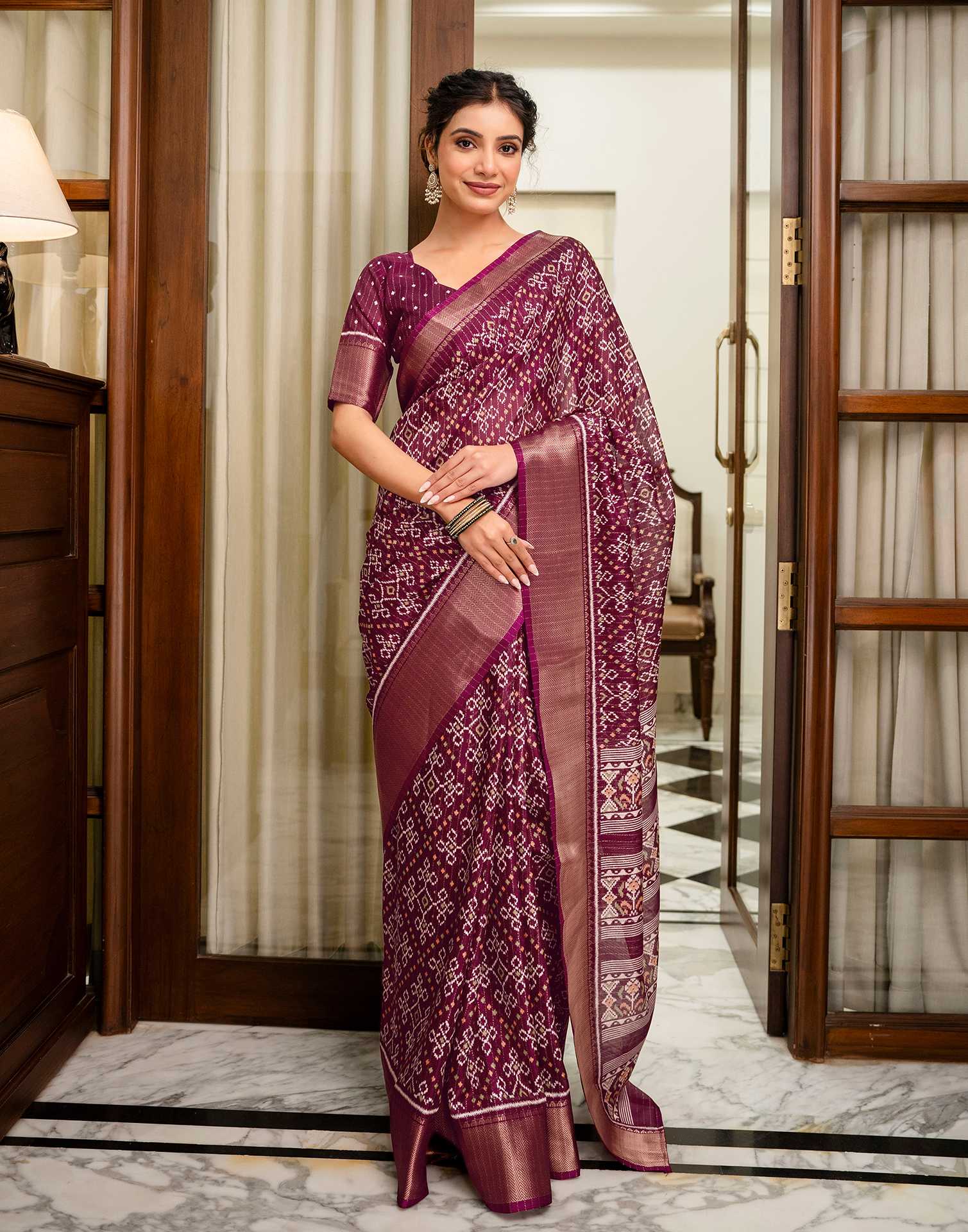Wine Silk Printed Zari Stripe SareeĀ