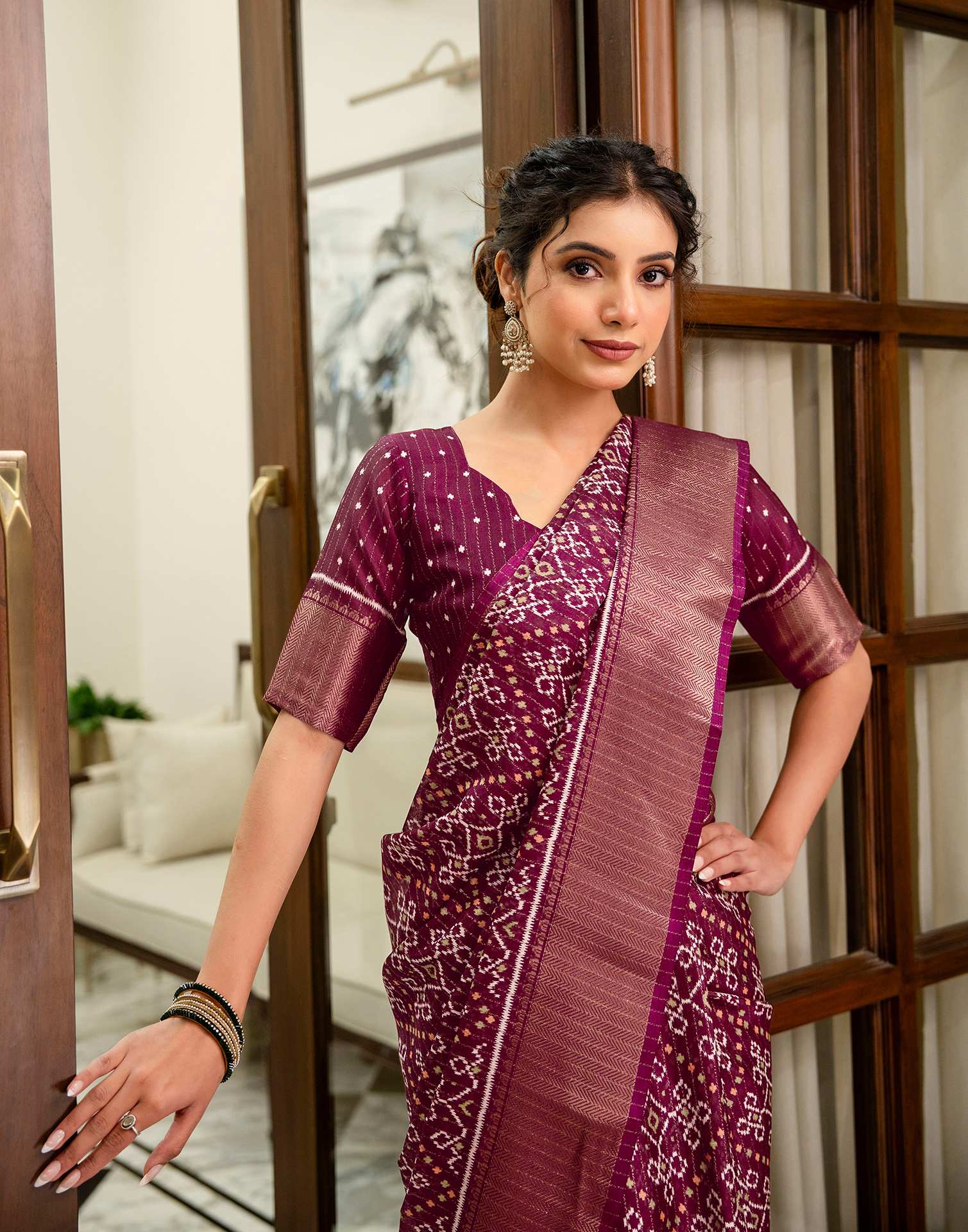 Wine Silk Printed Zari Stripe SareeĀ - Image 4