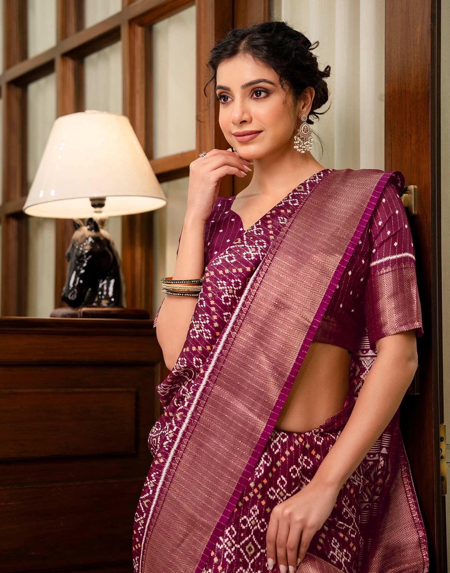 Wine Silk Printed Zari Stripe SareeĀ - Image 5