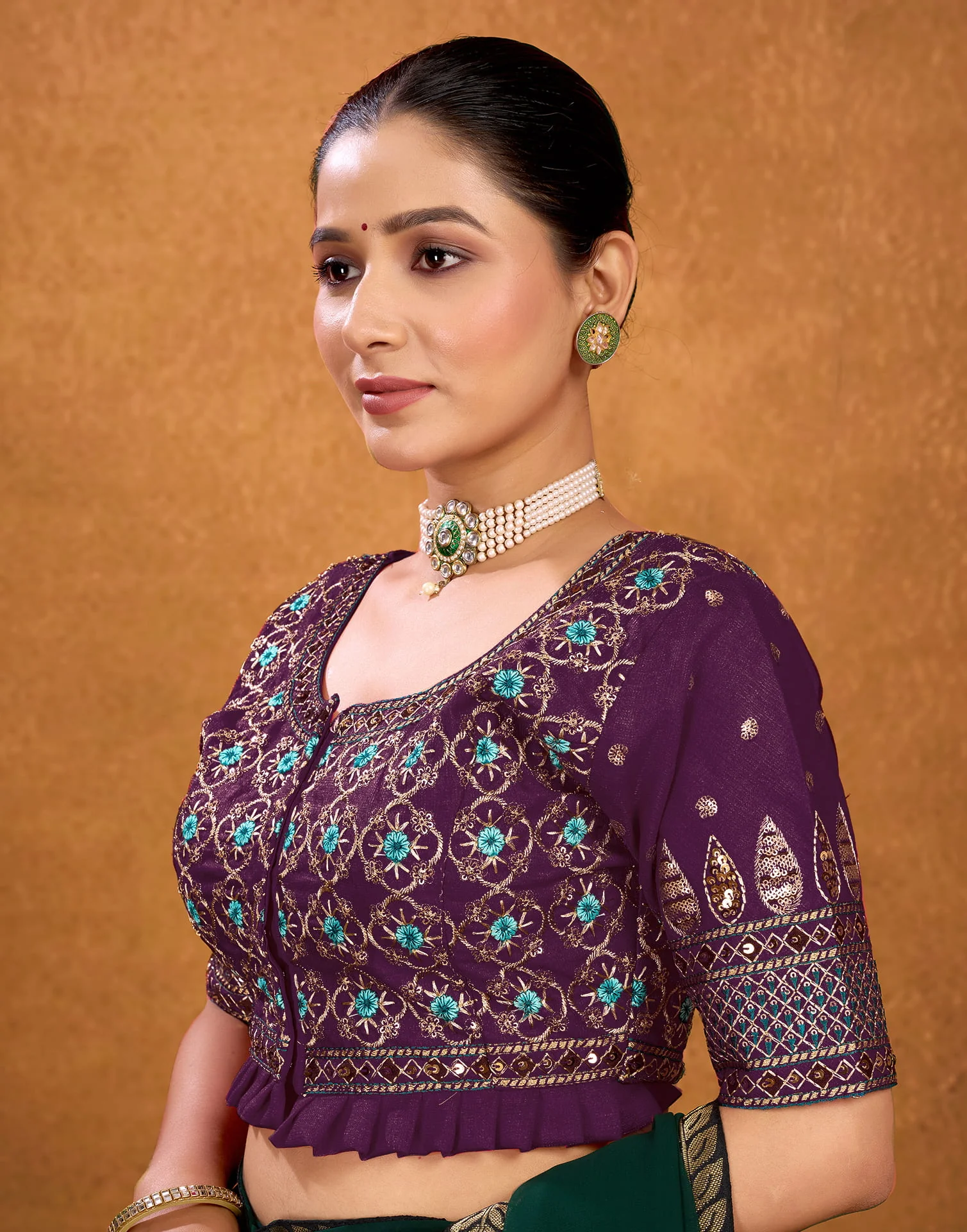 Wine Silk Sequence Embroidery Blouse - Image 4
