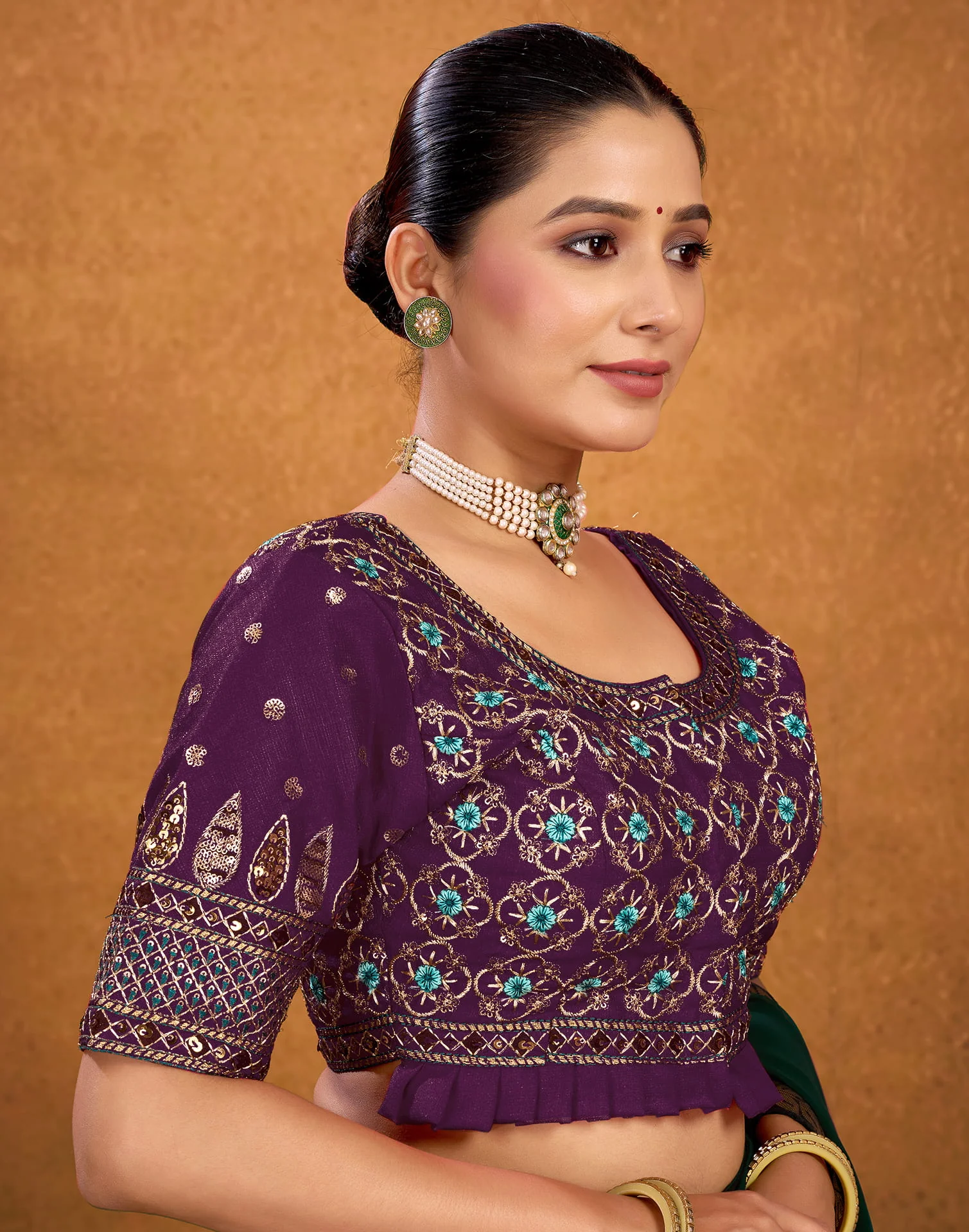 Wine Silk Sequence Embroidery Blouse - Image 5