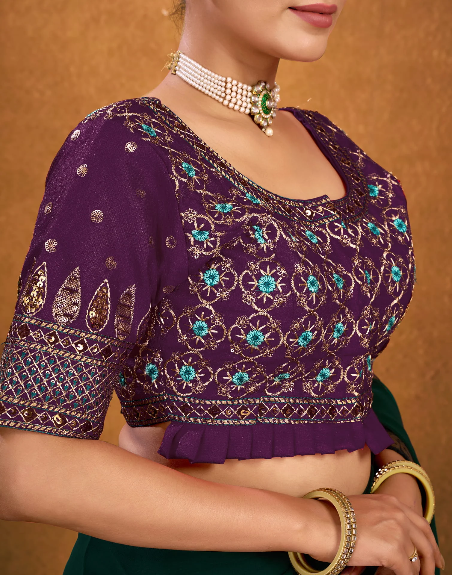 Wine Silk Sequence Embroidery Blouse - Image 6