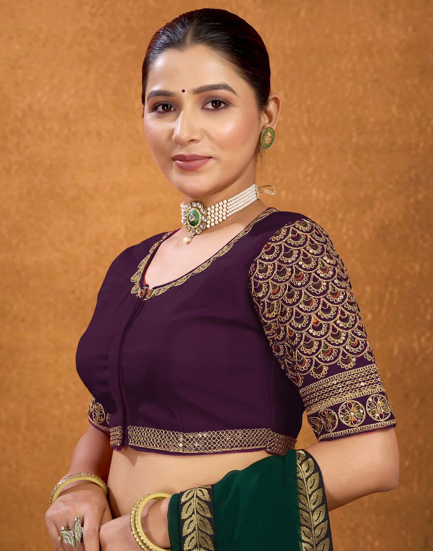 Wine Silk Sequence Embroidery Blouse - Image 4