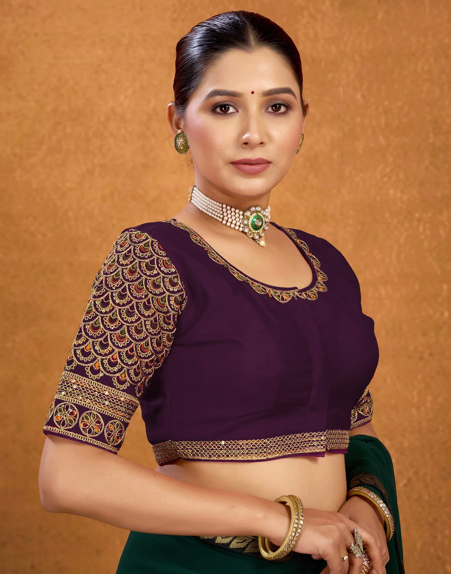 Wine Silk Sequence Embroidery Blouse - Image 5