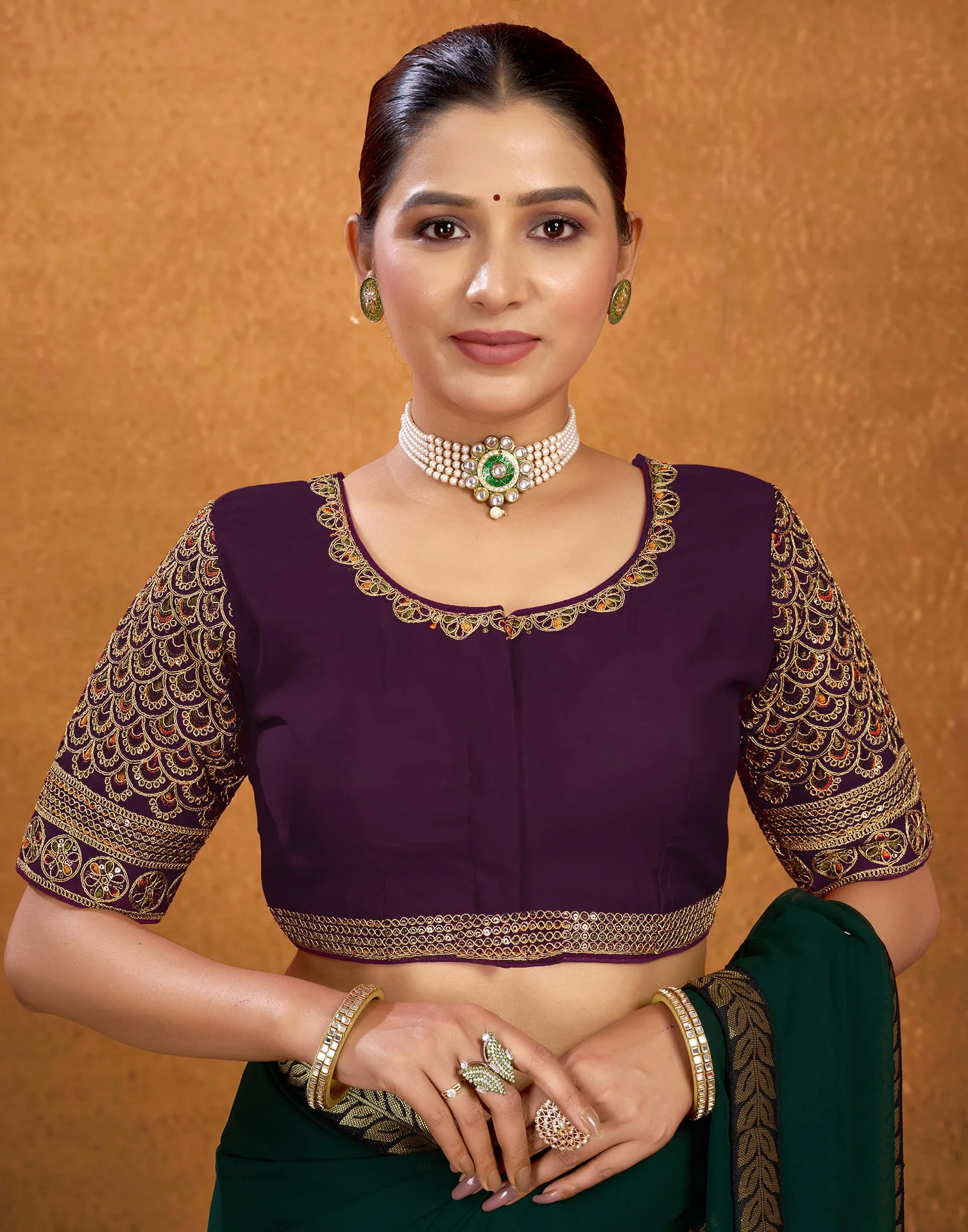 Wine Silk Sequence Embroidery Blouse - Image 6