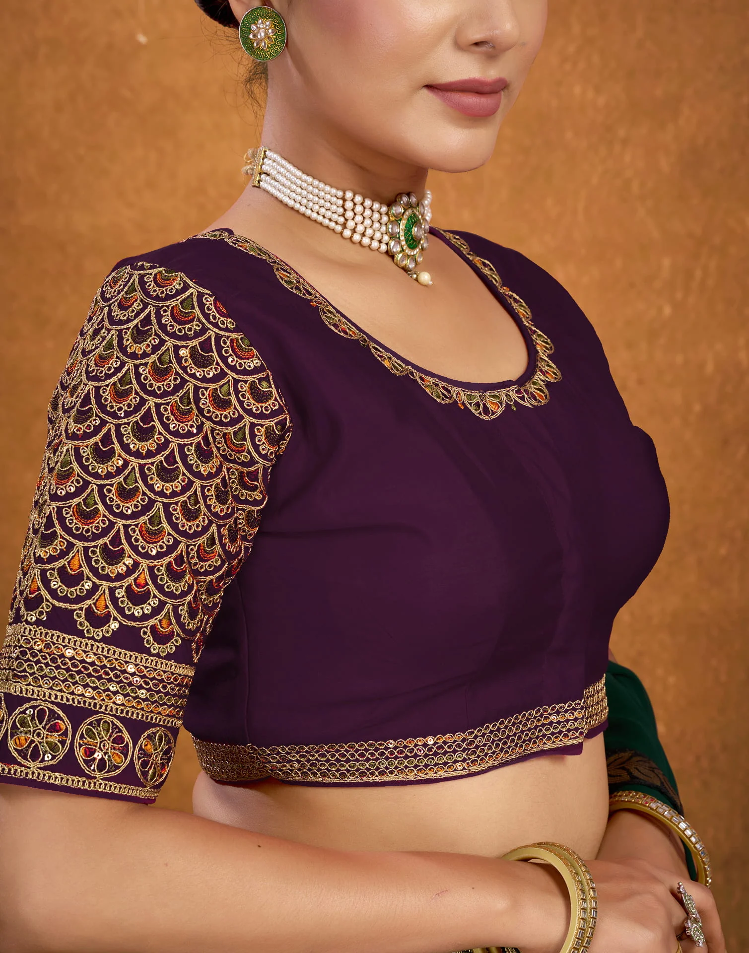 Wine Silk Sequence Embroidery Blouse - Image 7