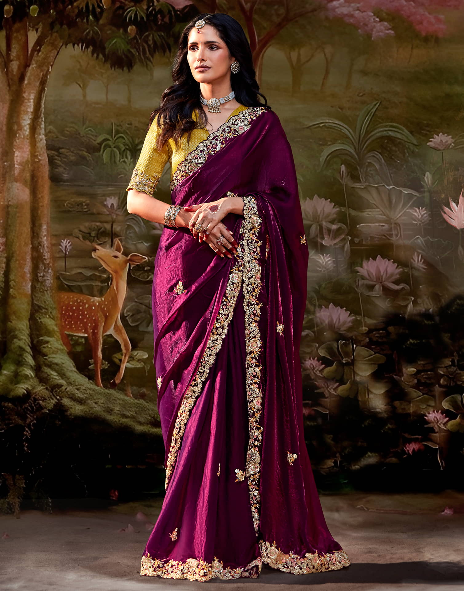 Wine Silk Sequence Embroidery Saree