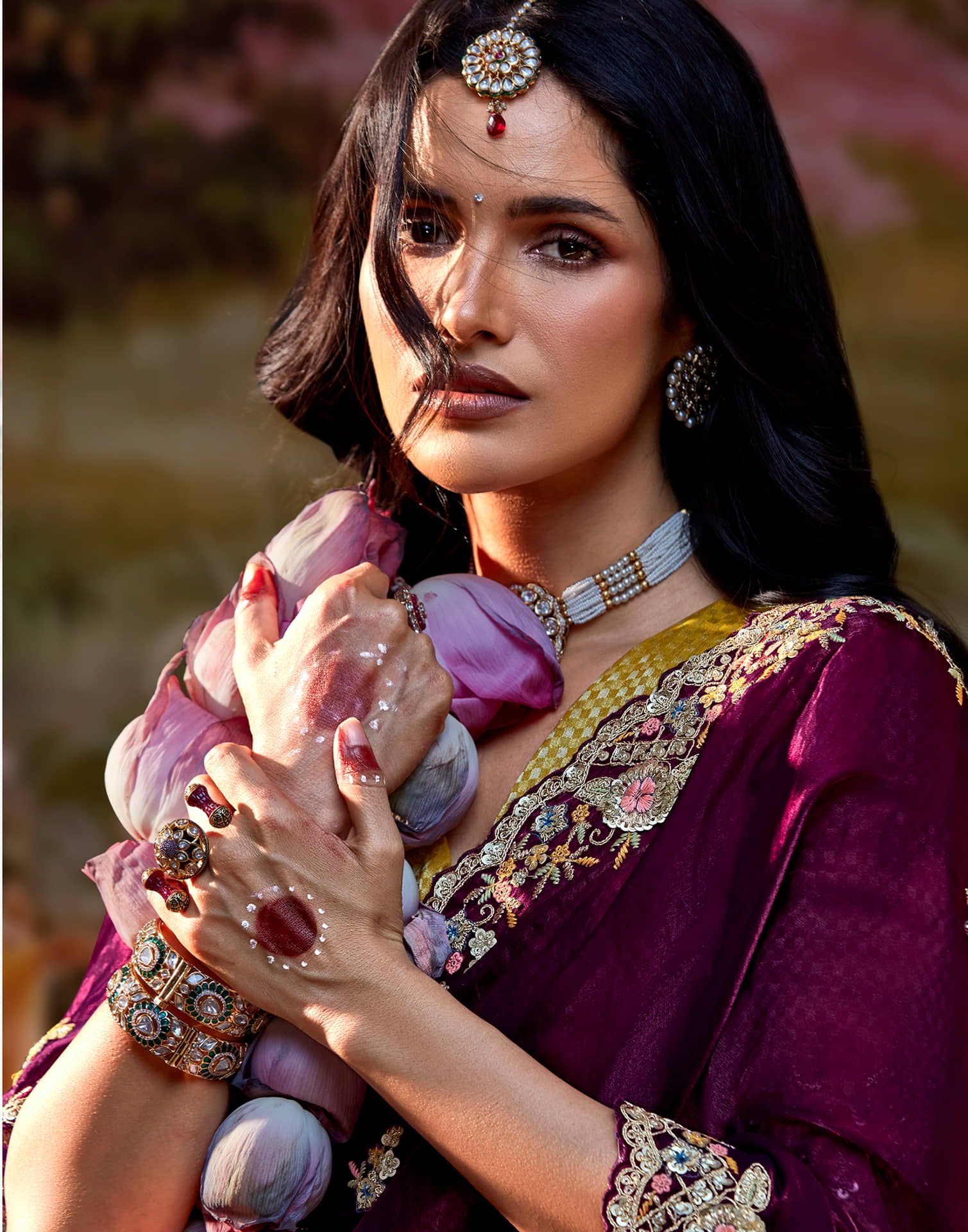 Wine Silk Sequence Embroidery Saree - Image 2
