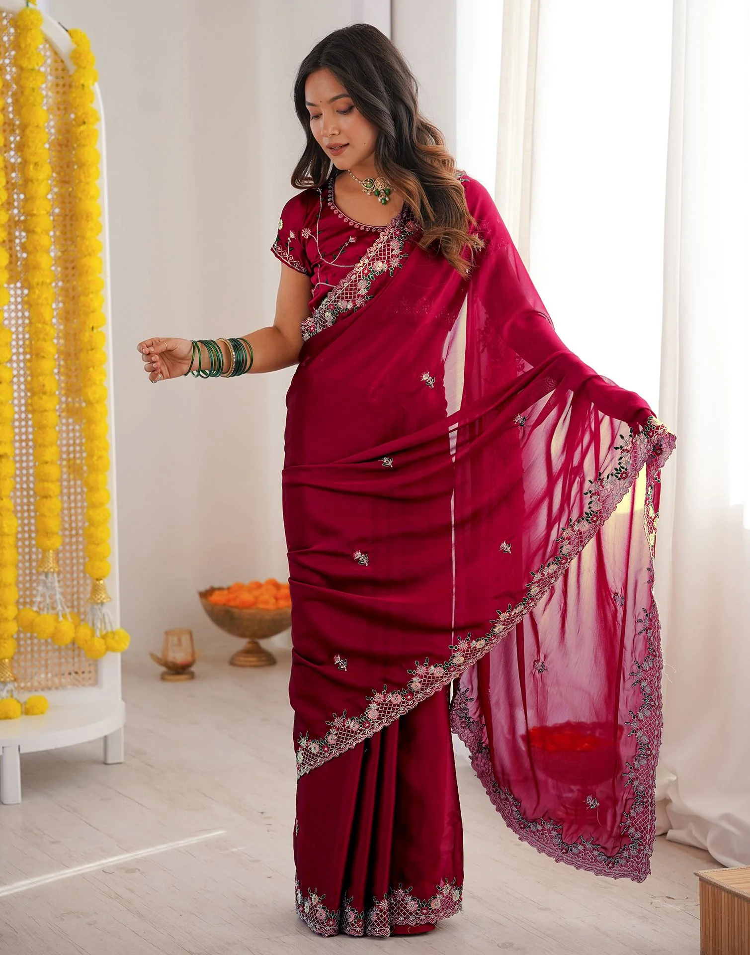 Wine Silk Sequence Embroidery Saree - Image 6