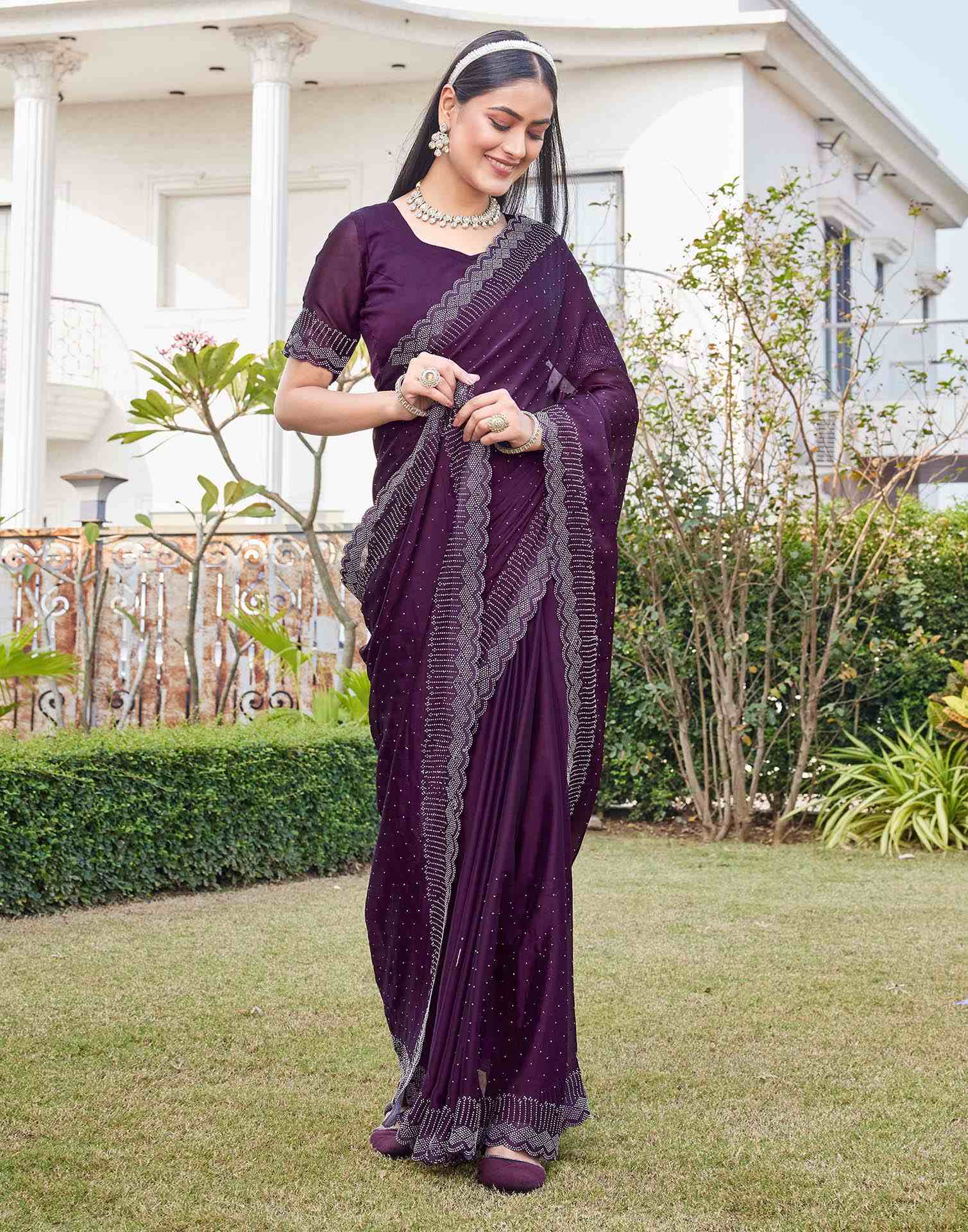 Wine Silk Stone Work Swarovski Saree - Image 6