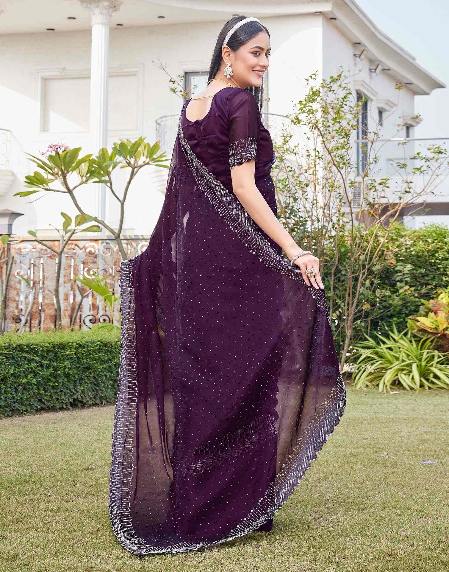 Wine Silk Stone Work Swarovski Saree - Image 7