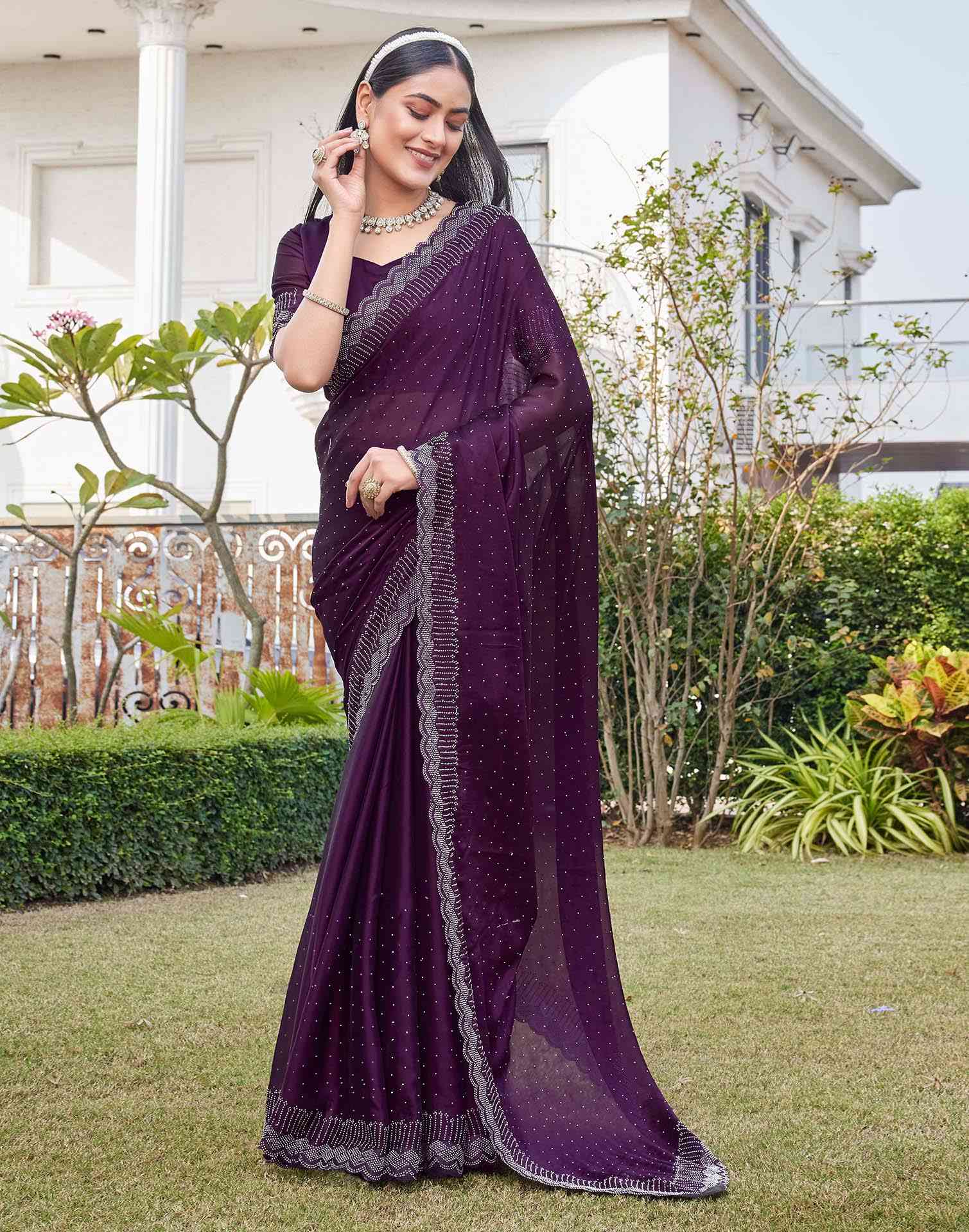 Wine Silk Stone Work Swarovski Saree - Image 8