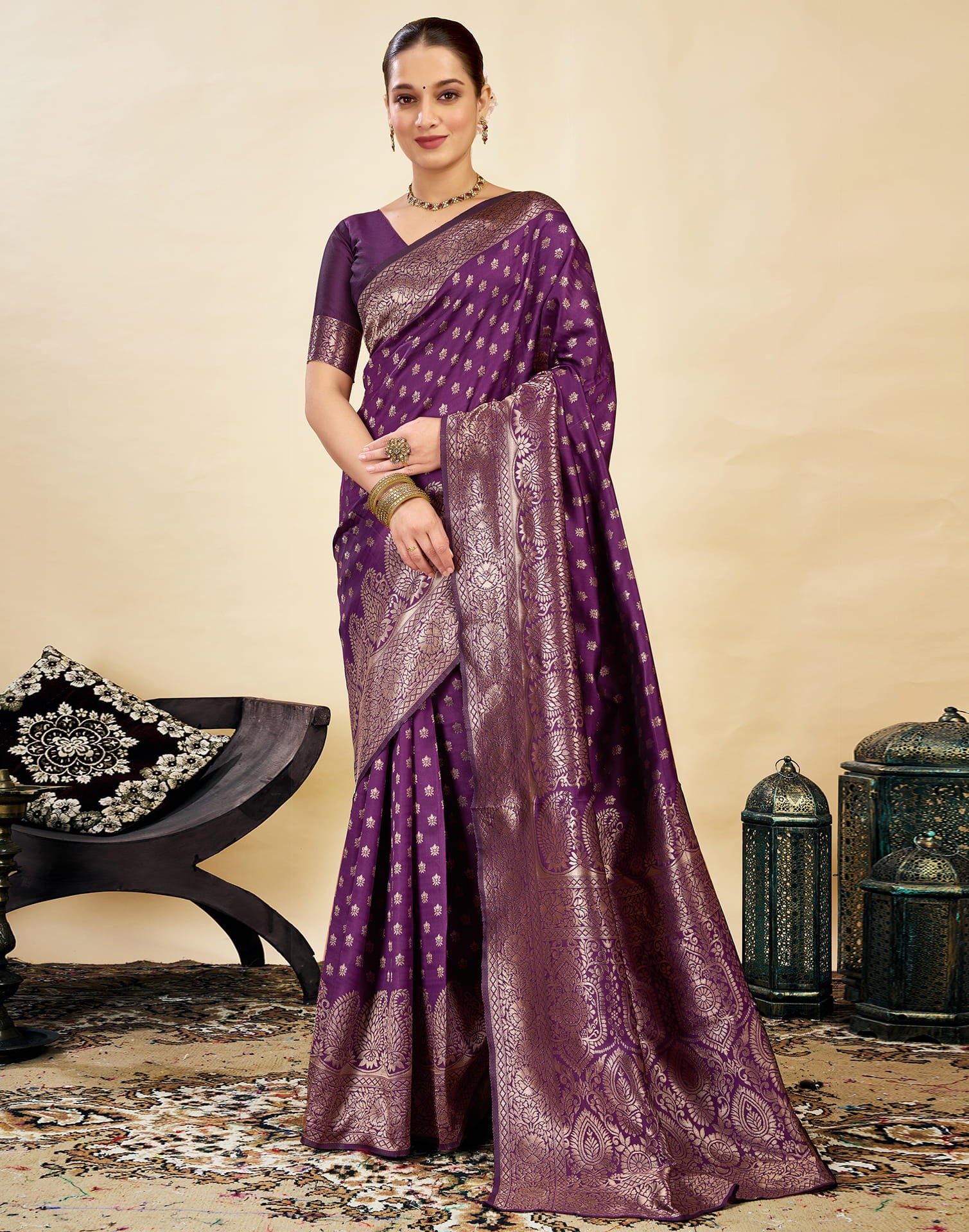 Purple Silk Woven Banarasi Saree - Image 6