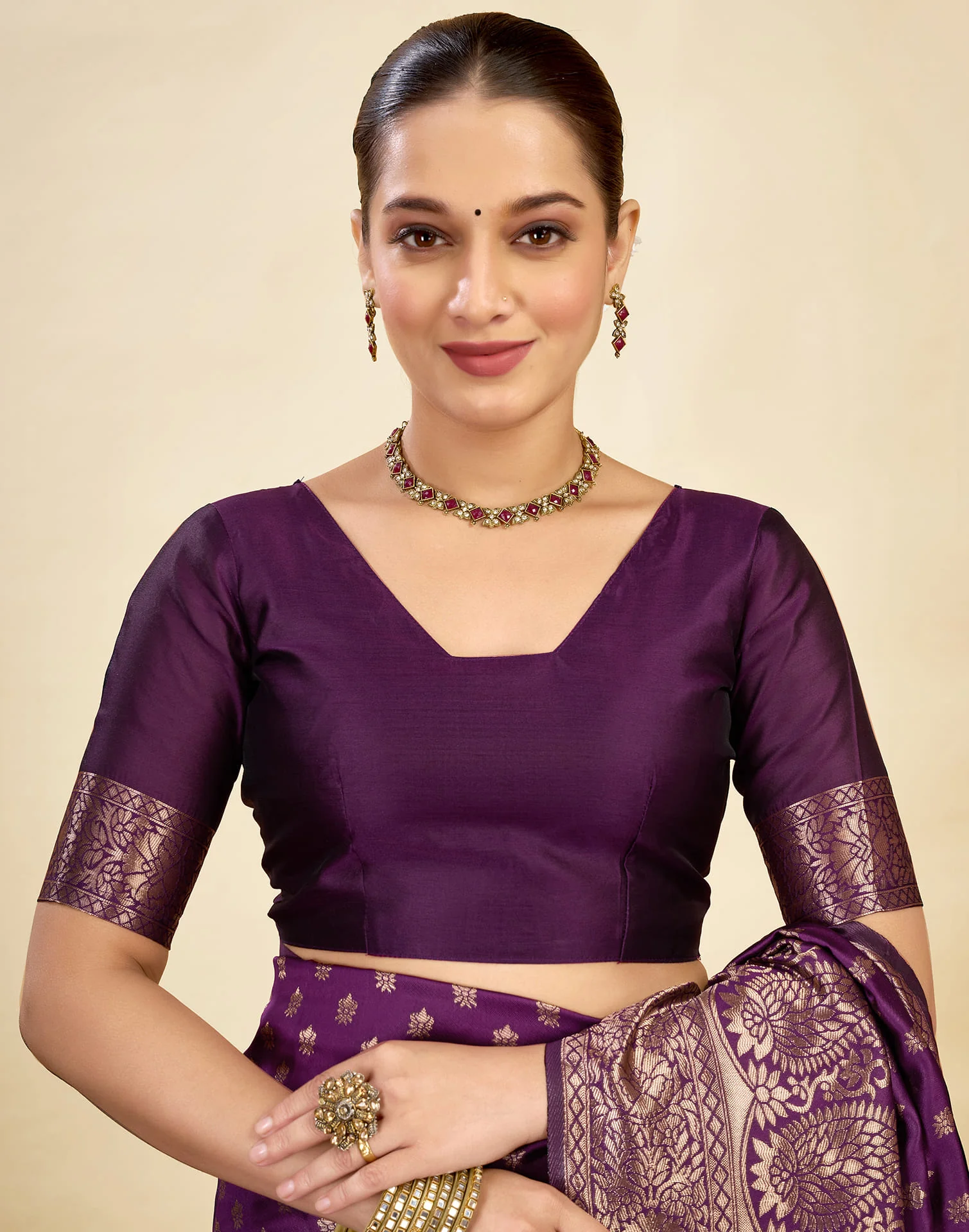 Purple Silk Woven Banarasi Saree - Image 8