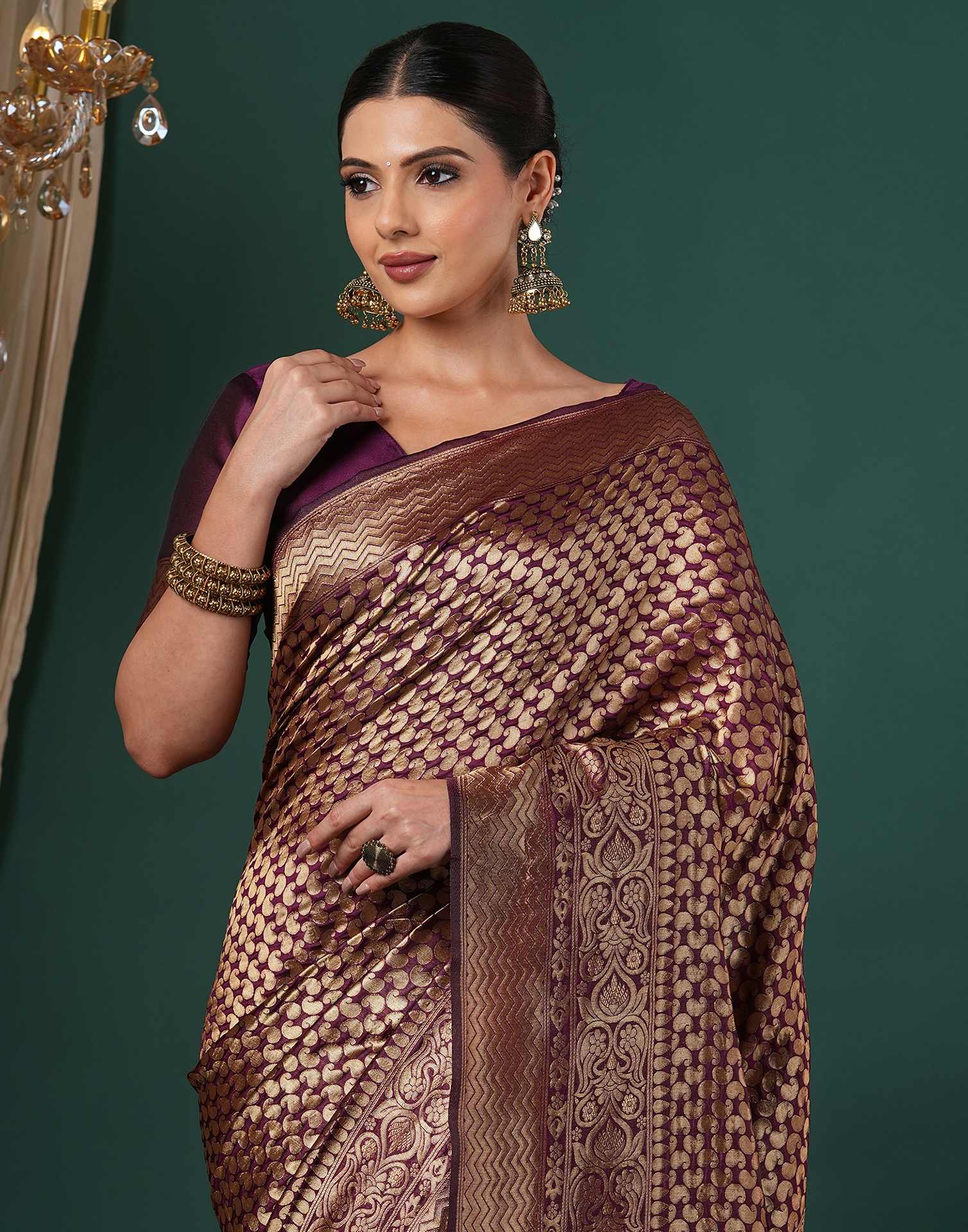 Wine Silk Woven Banarasi Saree - Image 2