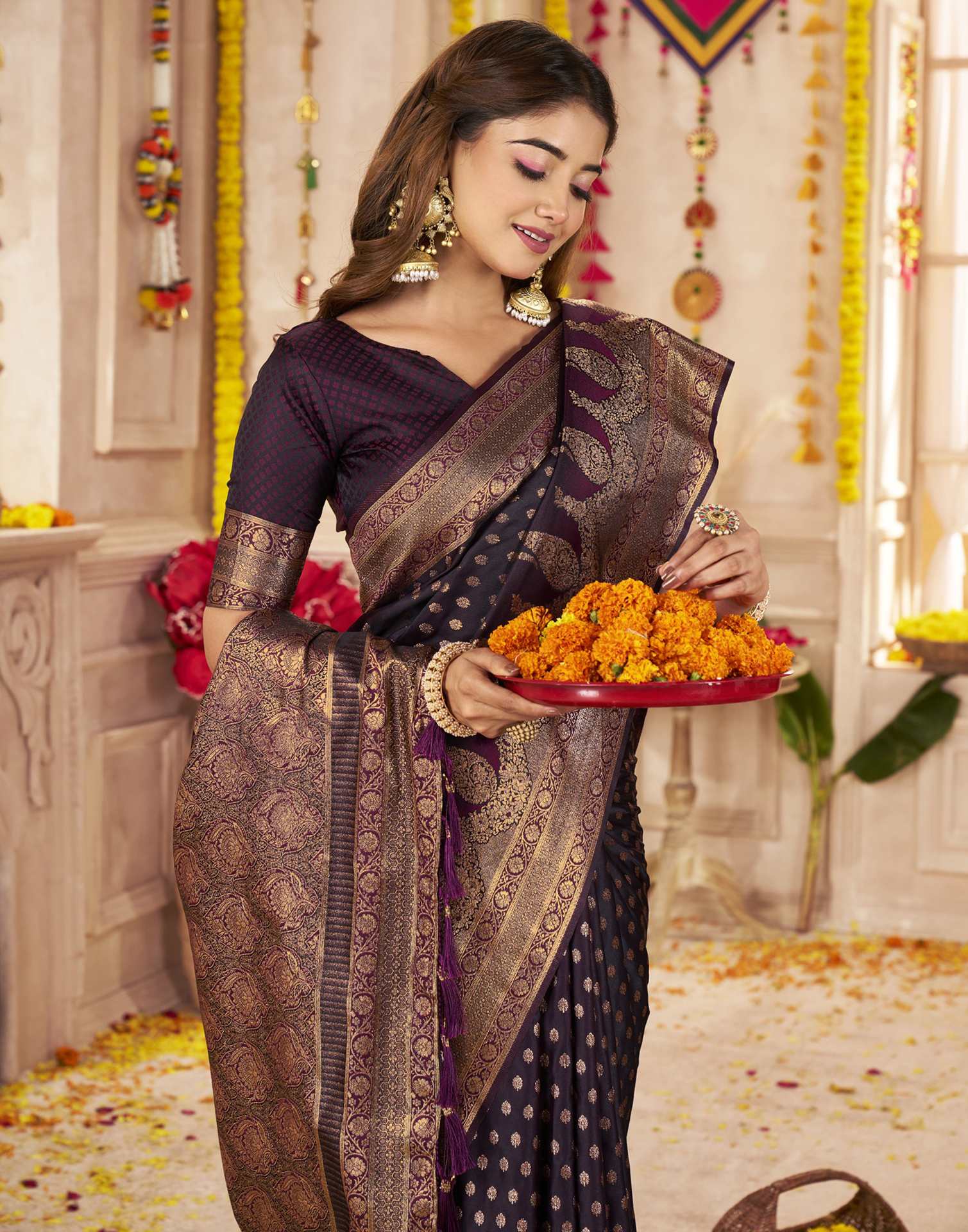 Wine Silk Woven Banarasi Saree - Image 2