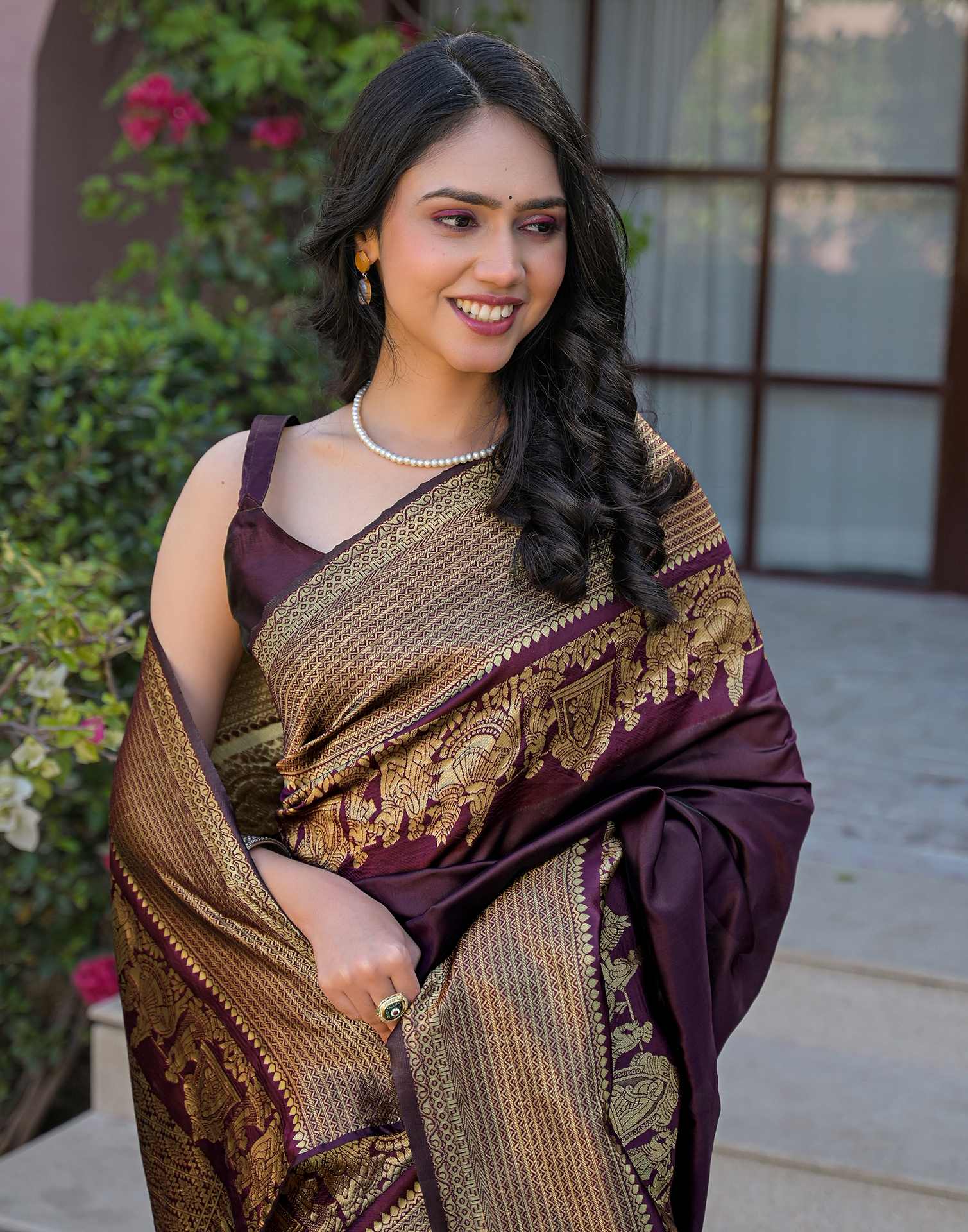 Wine Silk Woven Kanjivaram Saree - Image 2