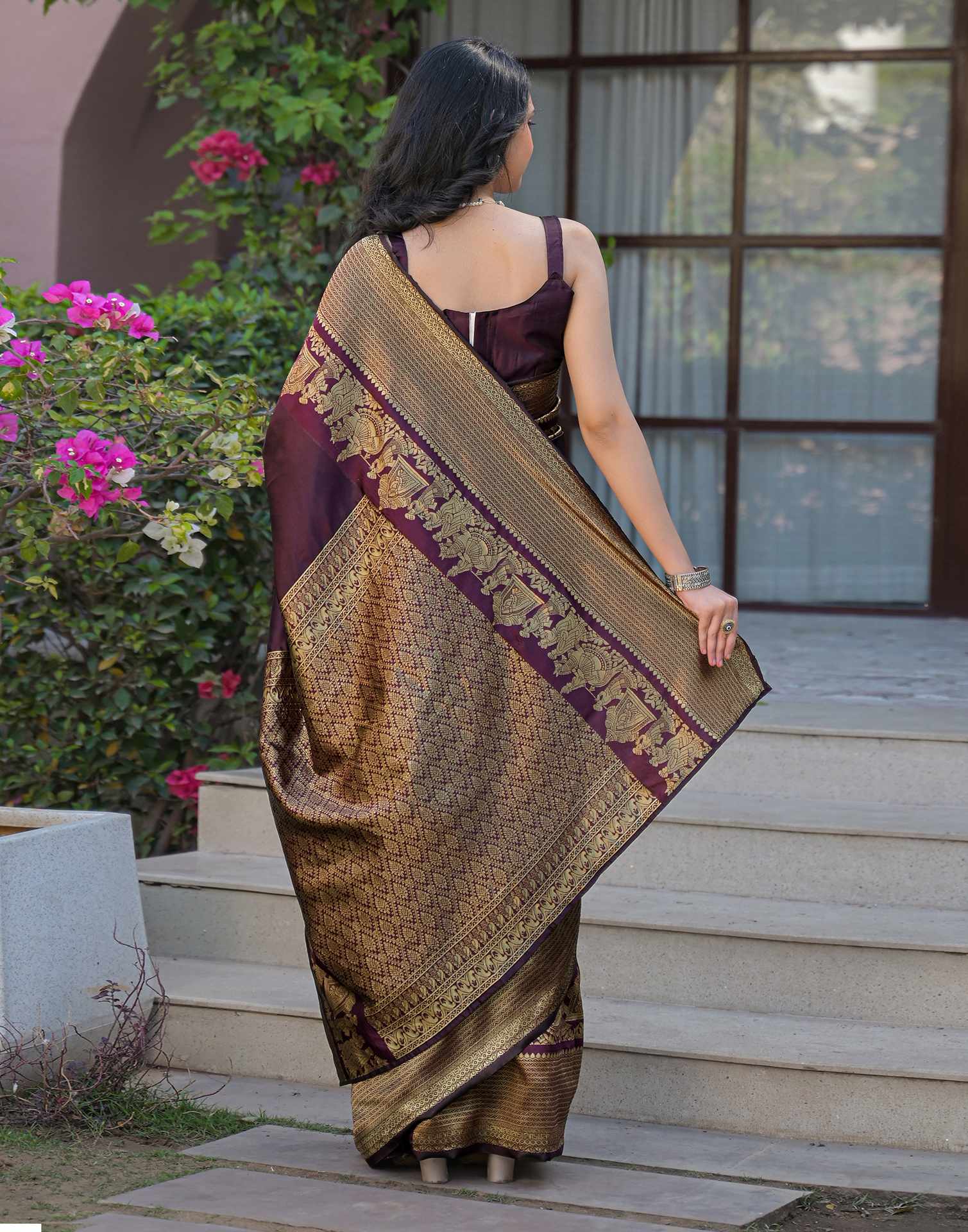 Wine Silk Woven Kanjivaram Saree - Image 6