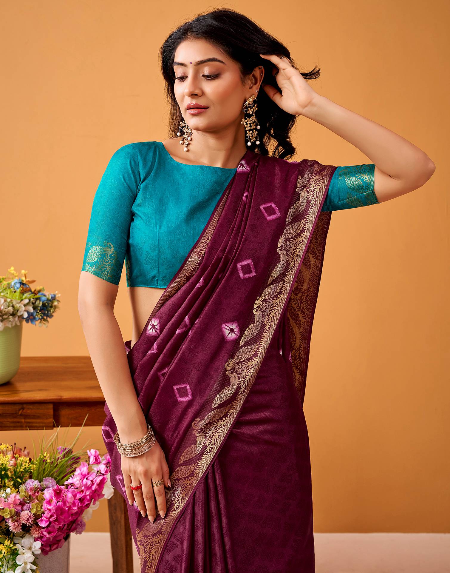 Wine Silk Woven Printed Saree - Image 2