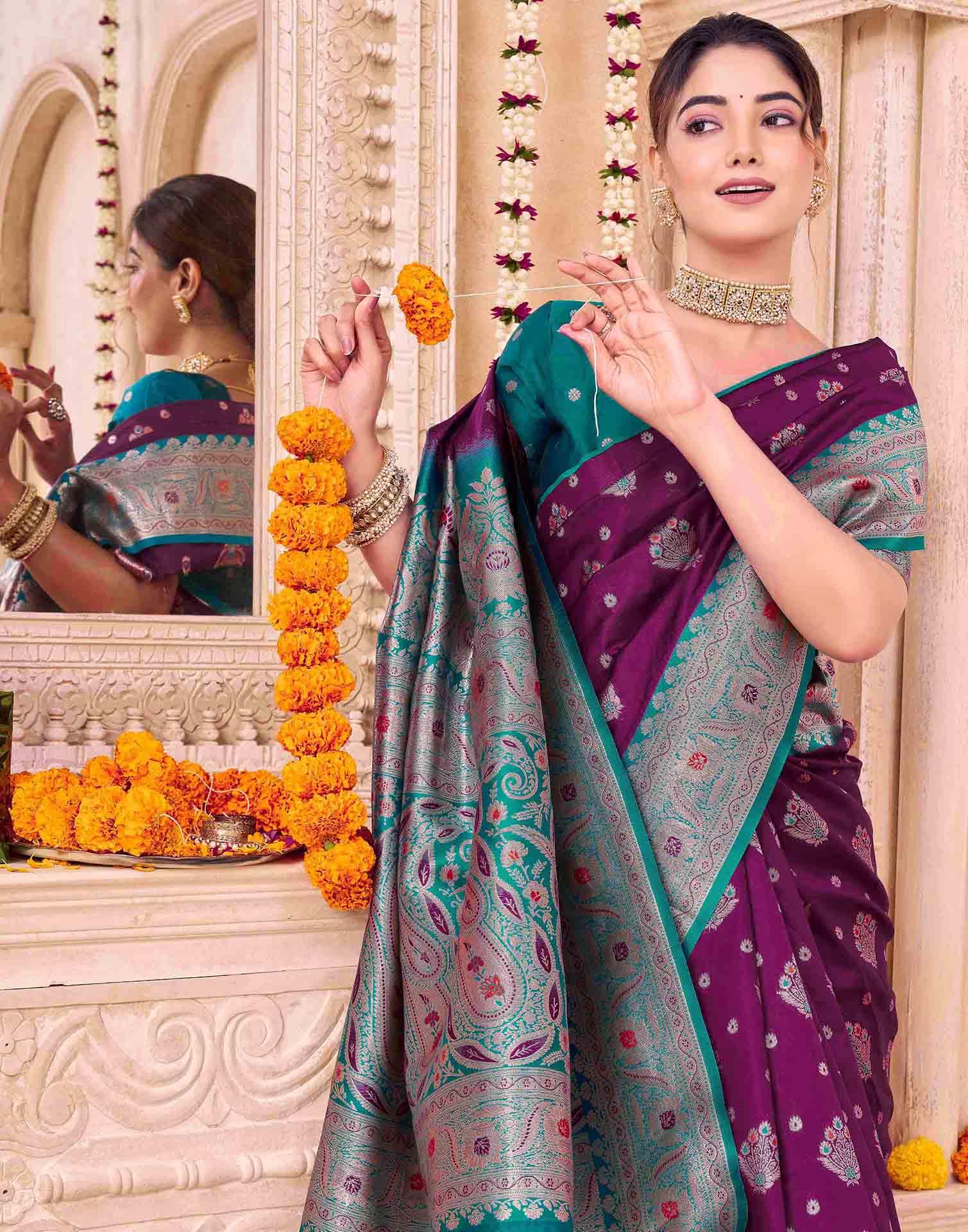 Wine Silk Woven Saree - Image 2