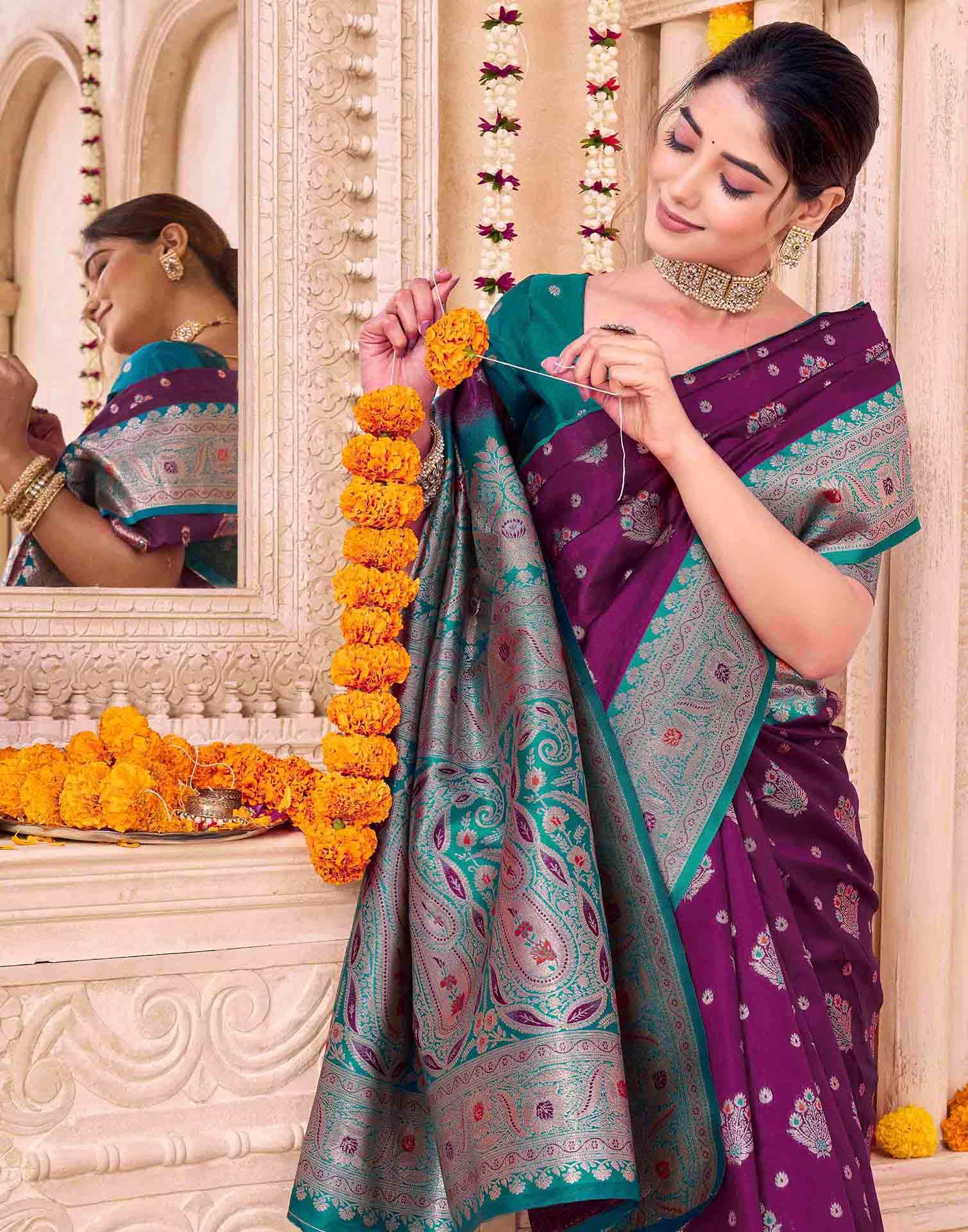 Wine Silk Woven Saree - Image 4