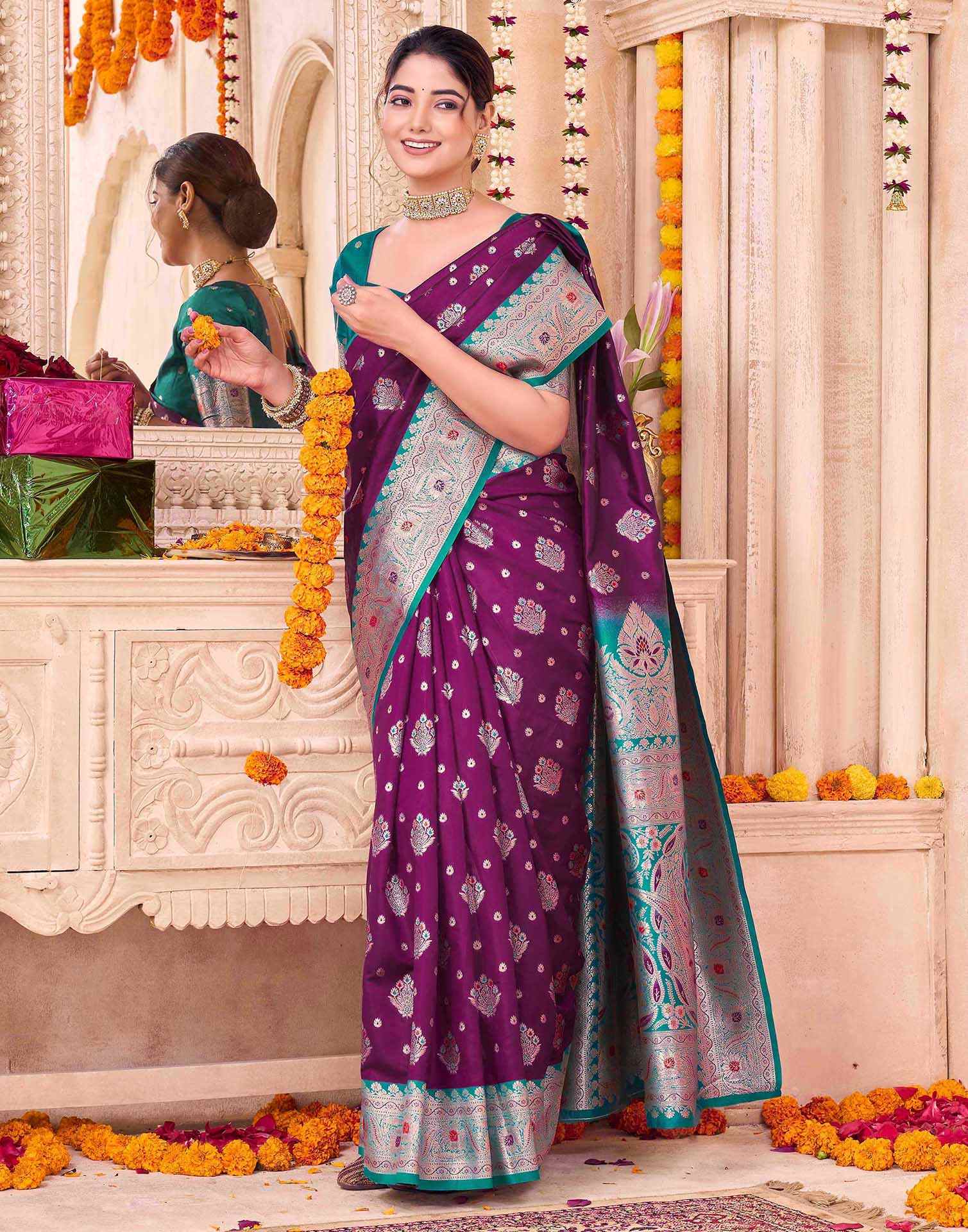 Wine Silk Woven Saree - Image 6