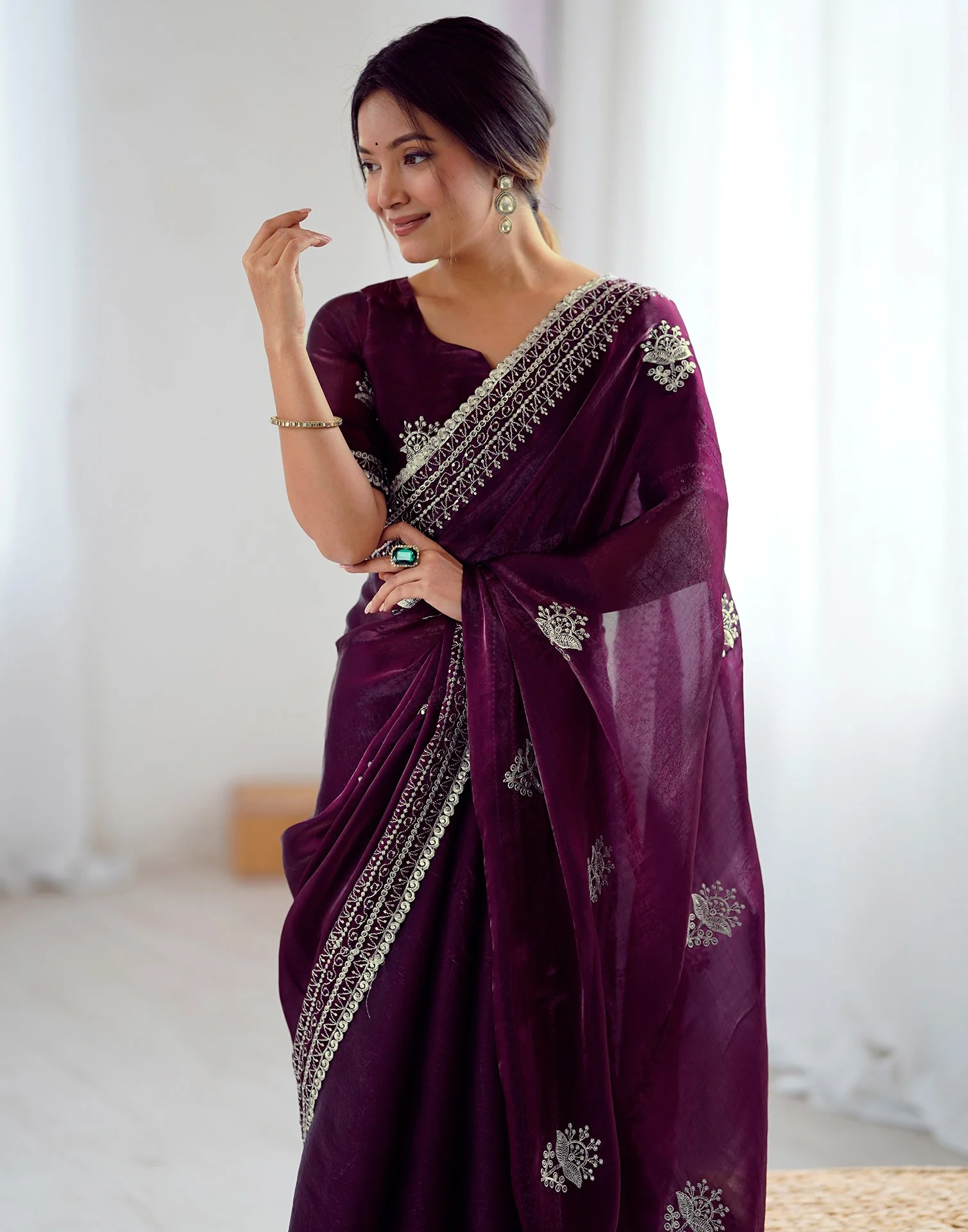 Wine Tissue Silk Embroidery Saree - Image 10