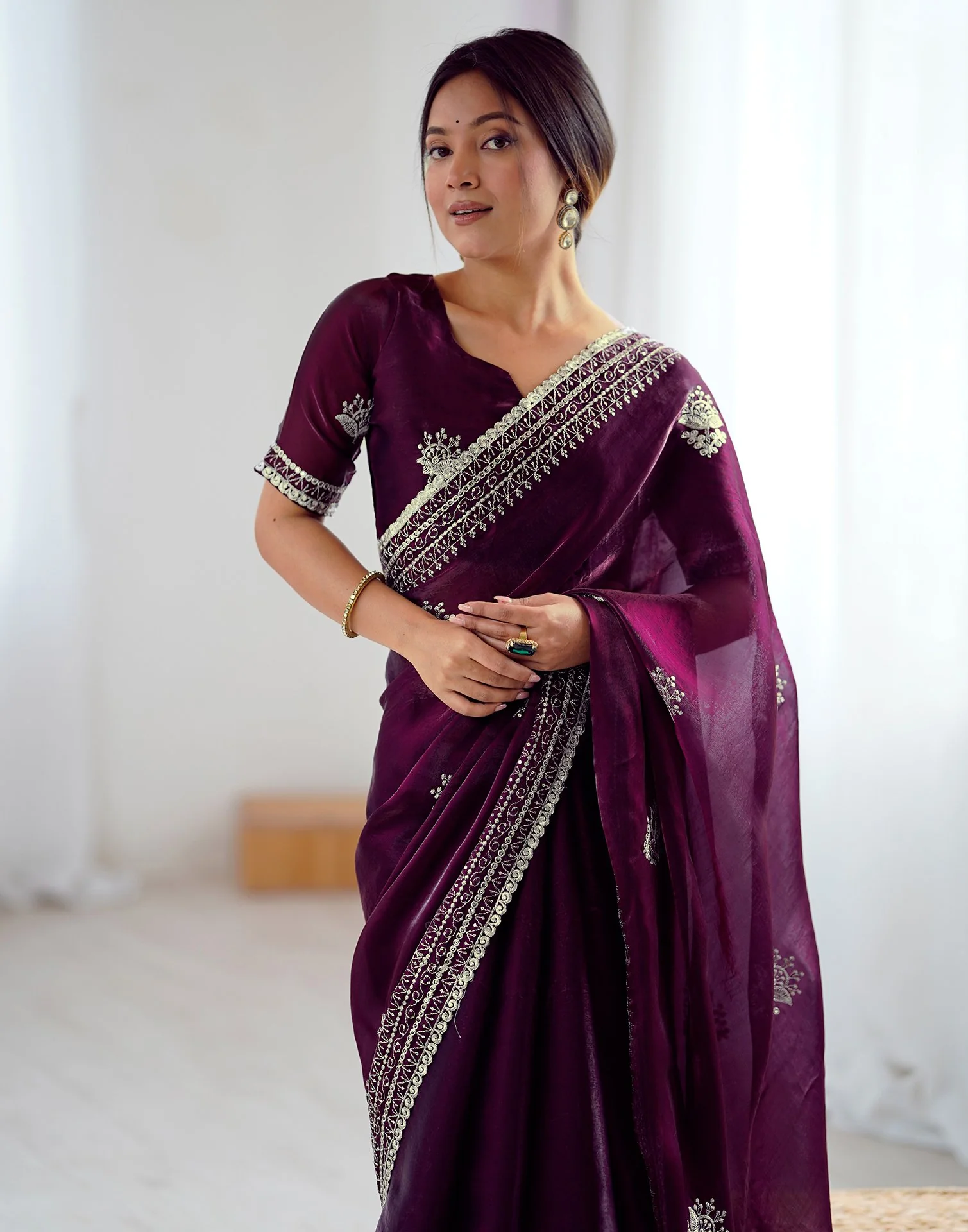 Wine Tissue Silk Embroidery Saree - Image 11