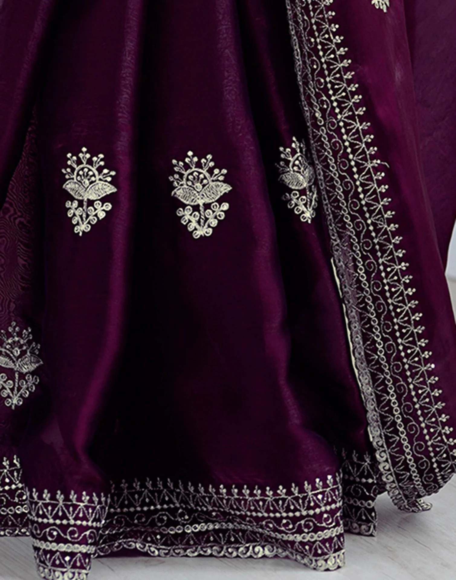 Wine Tissue Silk Embroidery Saree - Image 12