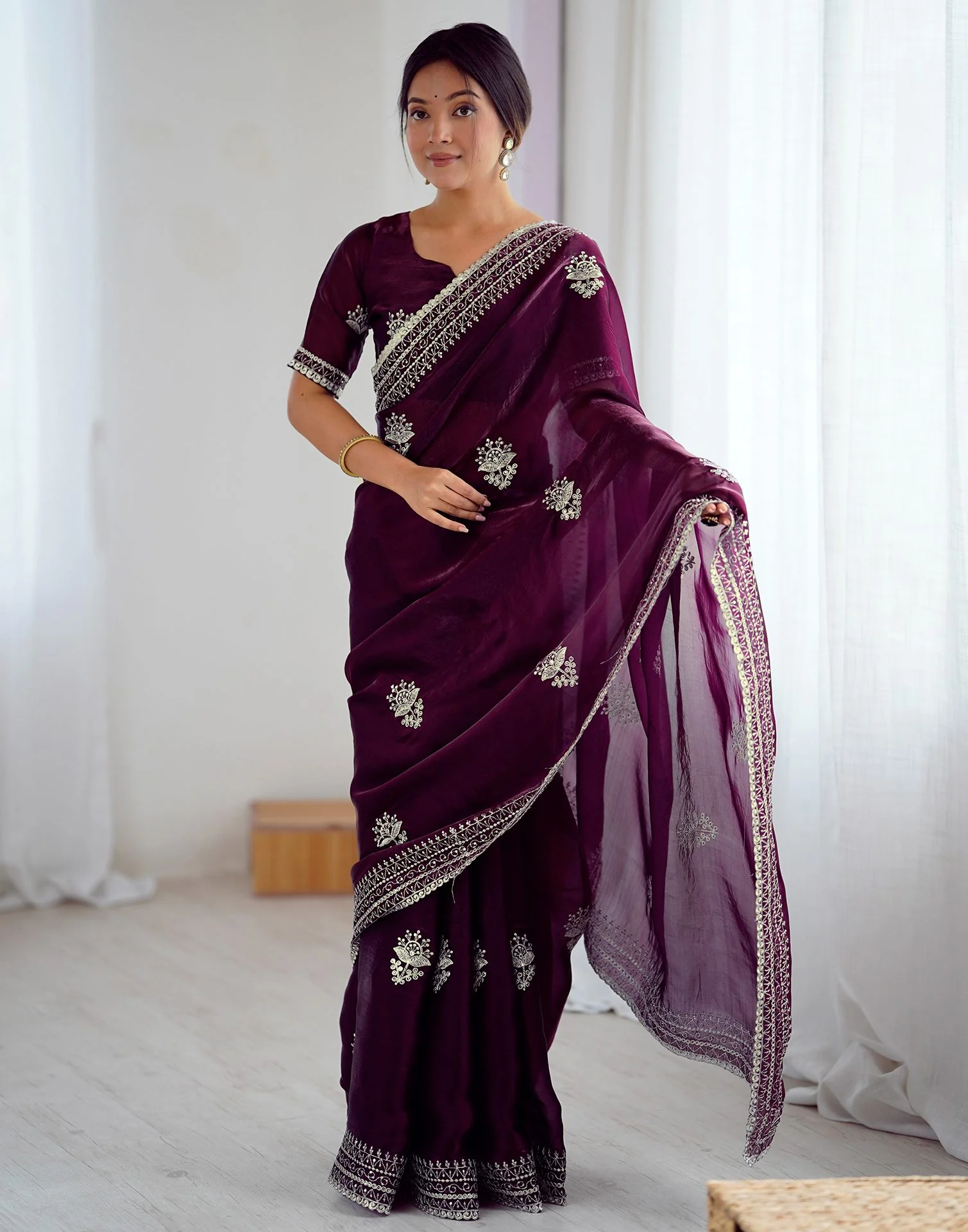 Wine Tissue Silk Embroidery Saree - Image 8