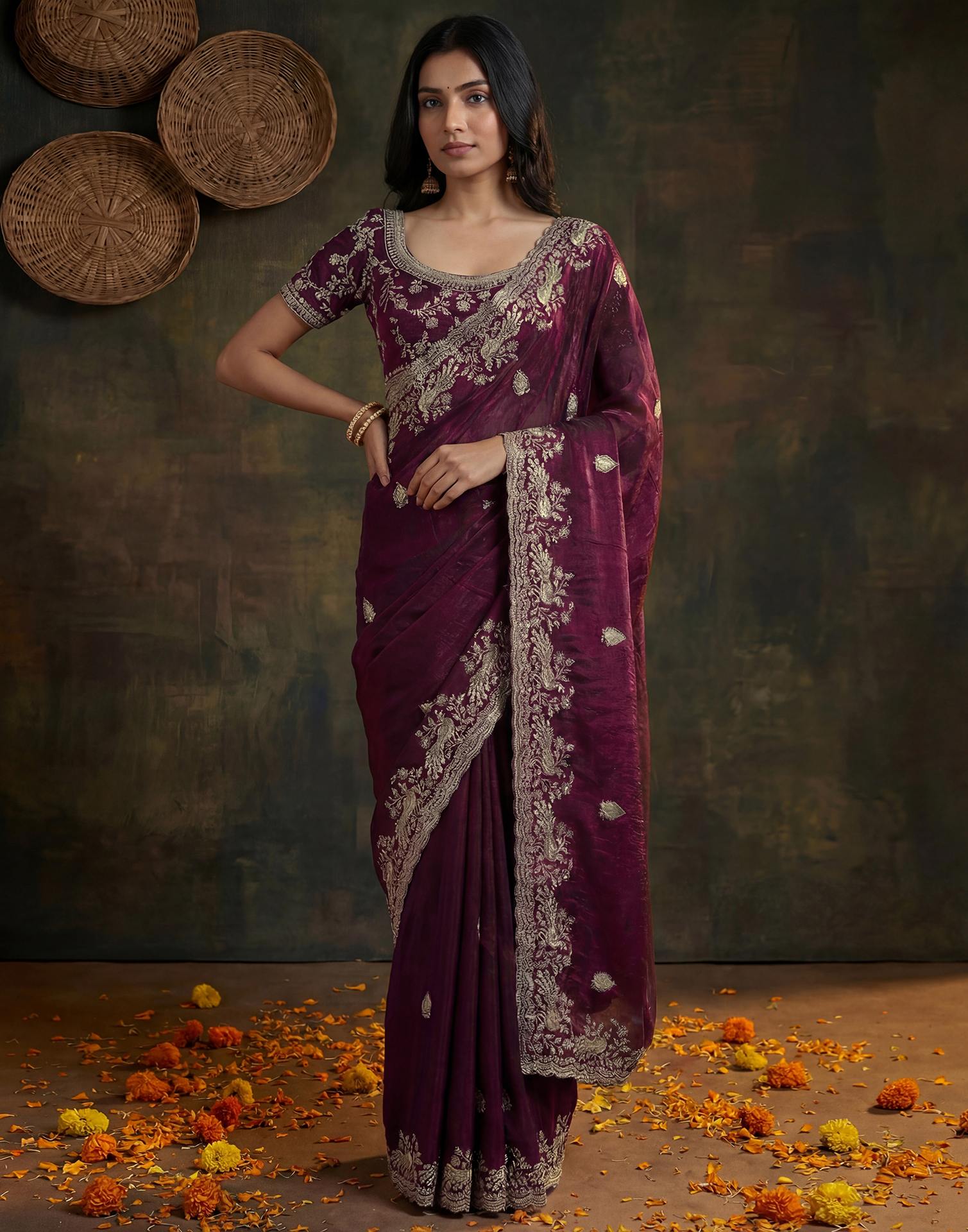 Wine Tissue Silk Embroidery Saree - Image 6