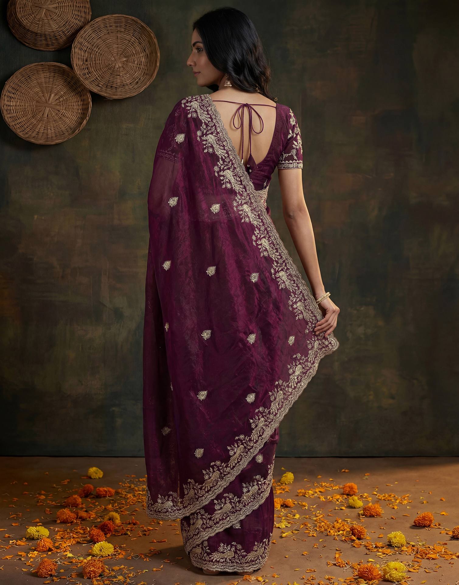 Wine Tissue Silk Embroidery Saree - Image 7