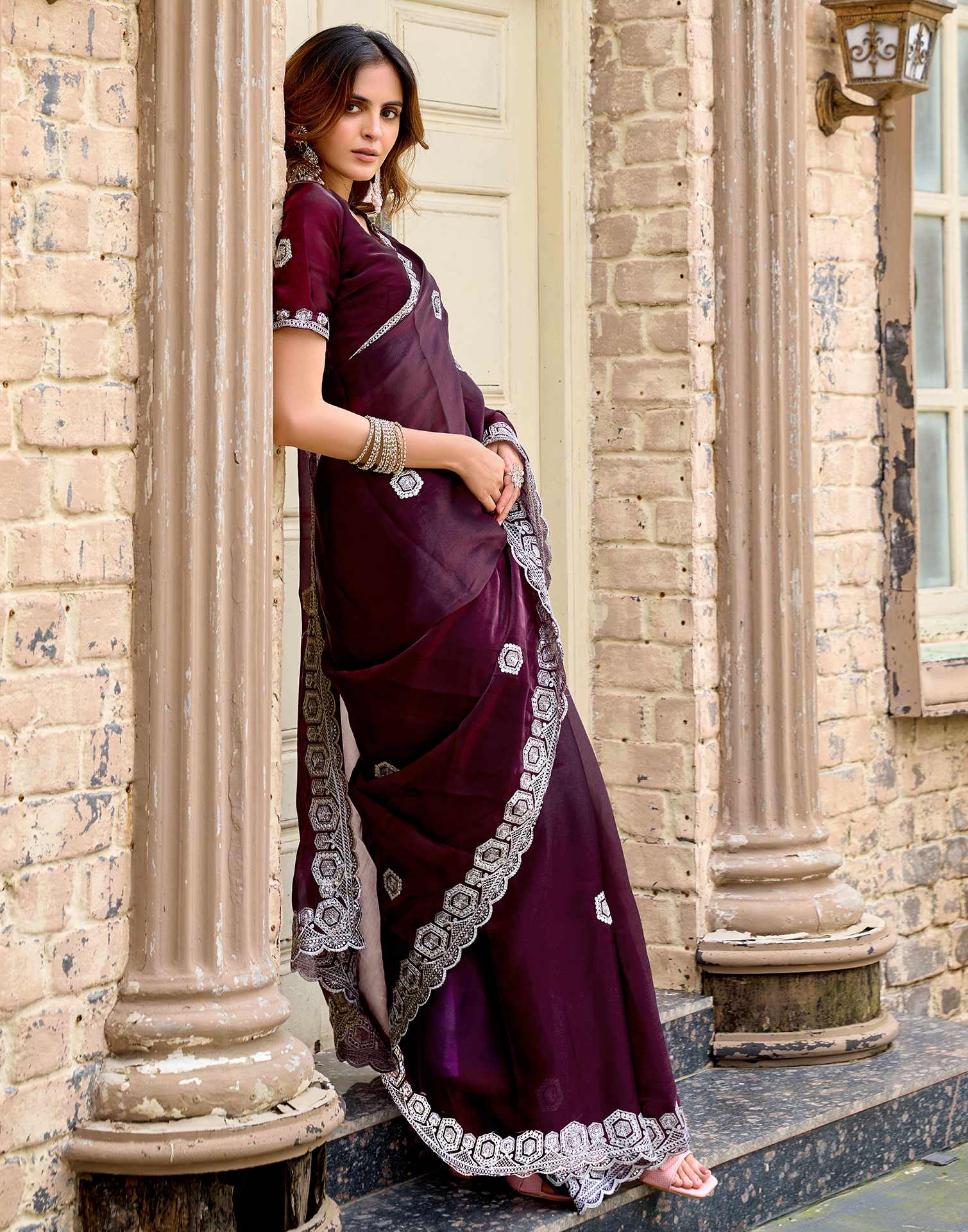 Wine Tissue Silk Sequence Embroidery Saree - Image 2