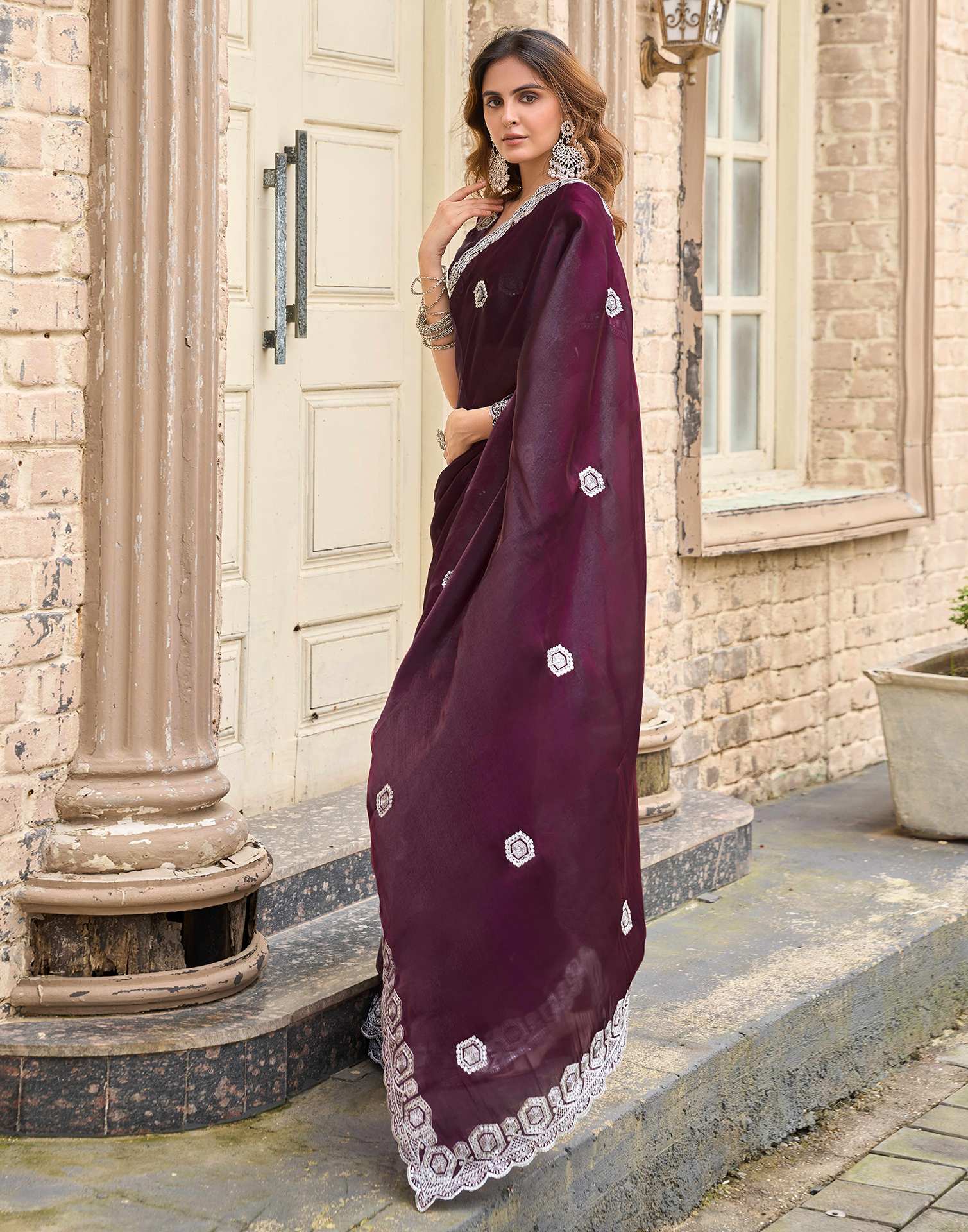 Wine Tissue Silk Sequence Embroidery Saree - Image 4