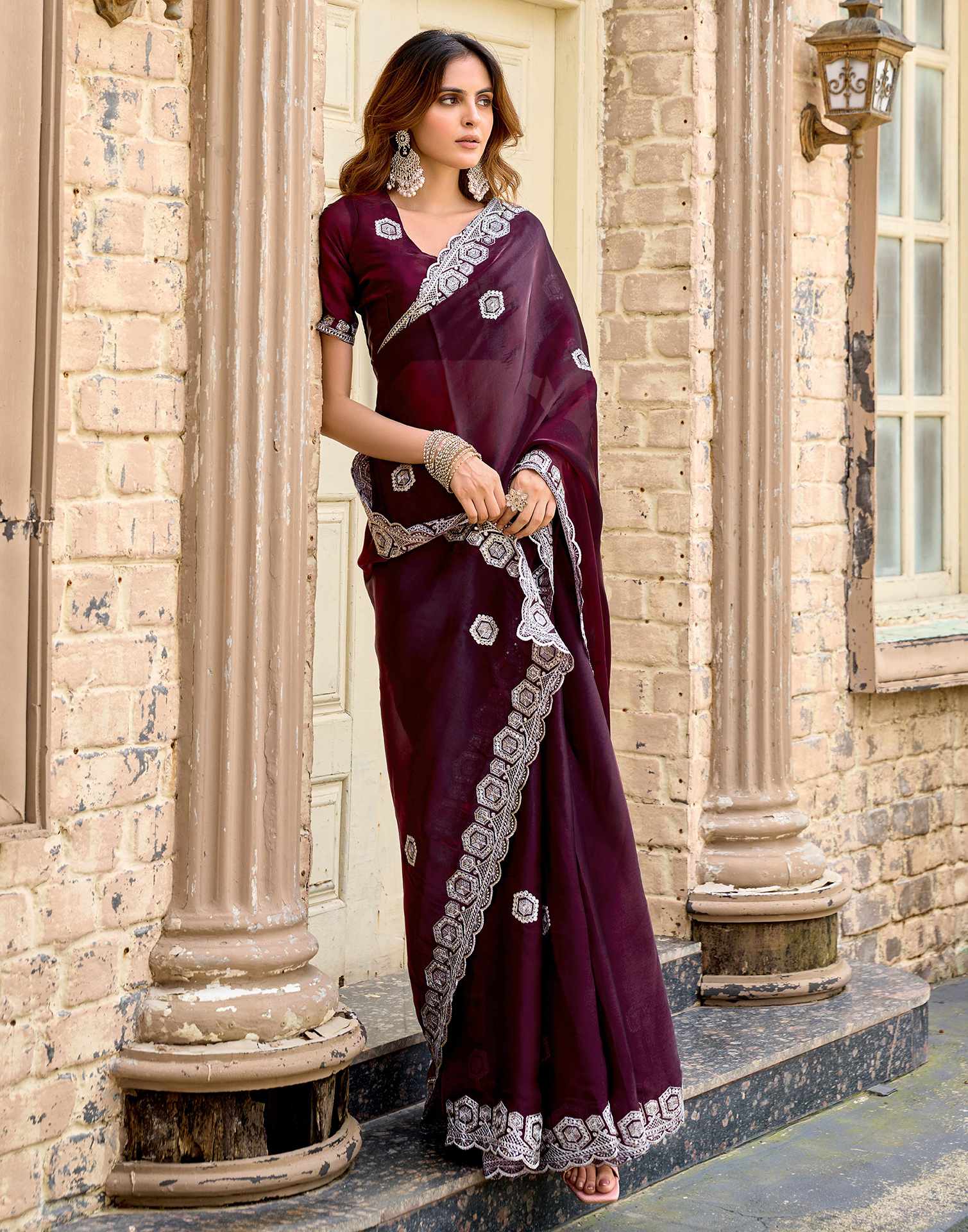 Wine Tissue Silk Sequence Embroidery Saree - Image 5