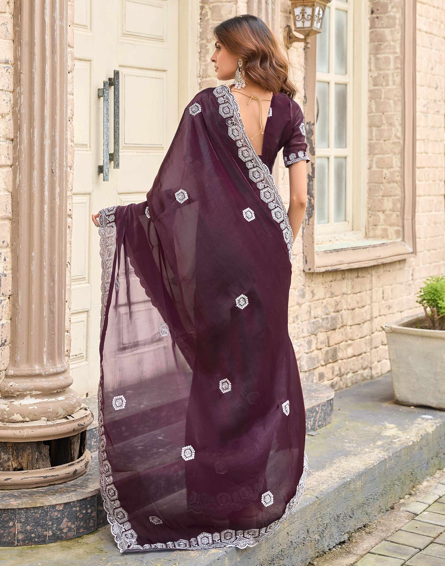 Wine Tissue Silk Sequence Embroidery Saree - Image 6