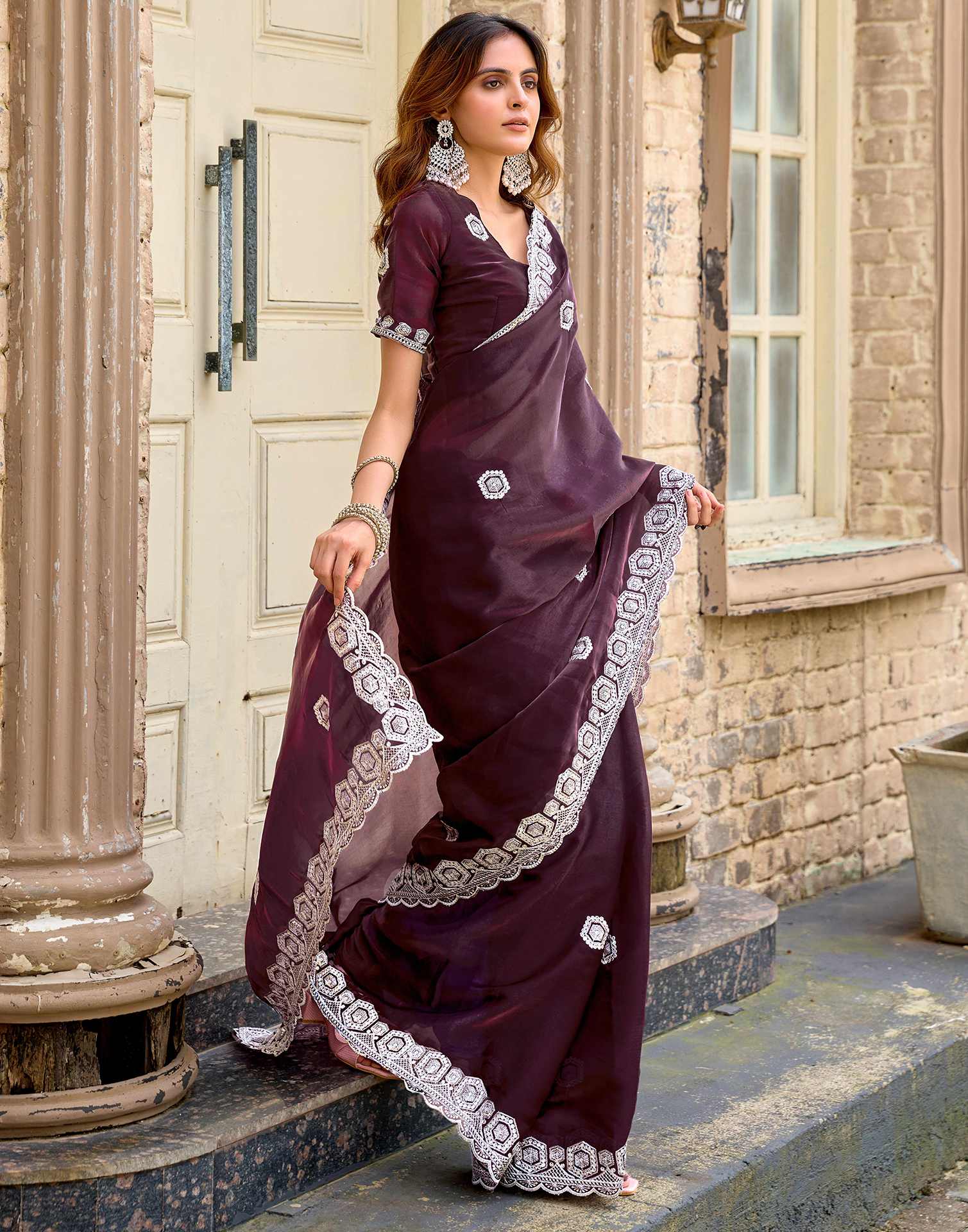 Wine Tissue Silk Sequence Embroidery Saree - Image 7